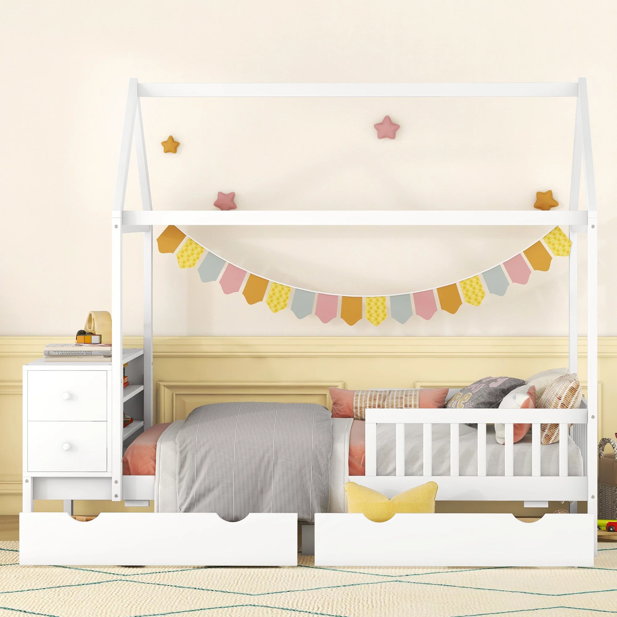 Bellemave Twin Size House Bed with Fence and Drawer Twin Storage Platform Bed with Built-in Desk Wooden House Bed with Wooden Slats Support for Kids, Teens, Boys, Girls, White