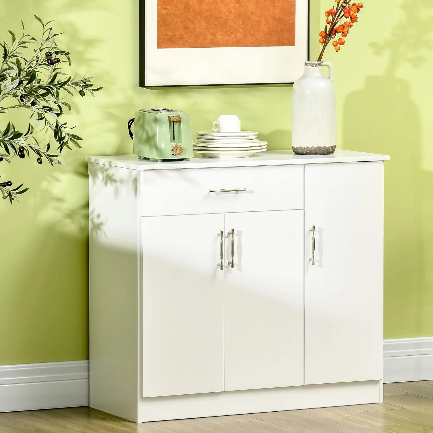 HBBOOMLIFE Sideboard Buffet Cabinet  Coffee  Cabinet  Kitchen Cabinet with Drawer  Doors and Adjustable Shelves for Living Room  Kitchen  Entryway  White