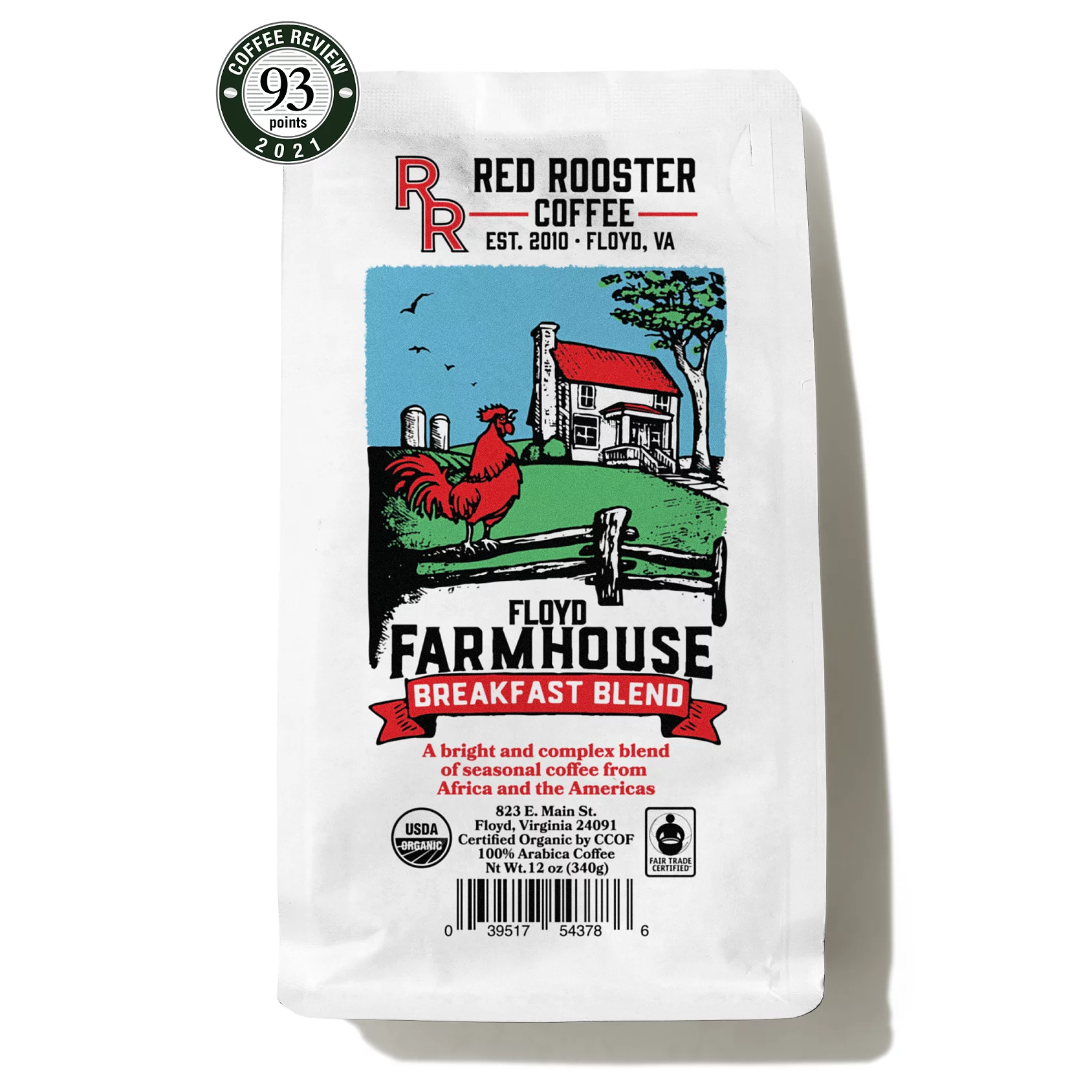 Red Rooster Coffee Roaster, Organic Floyd Farmhouse Breakfast Blend, Light-Medium Roast, 2lb bag, Whole Bean