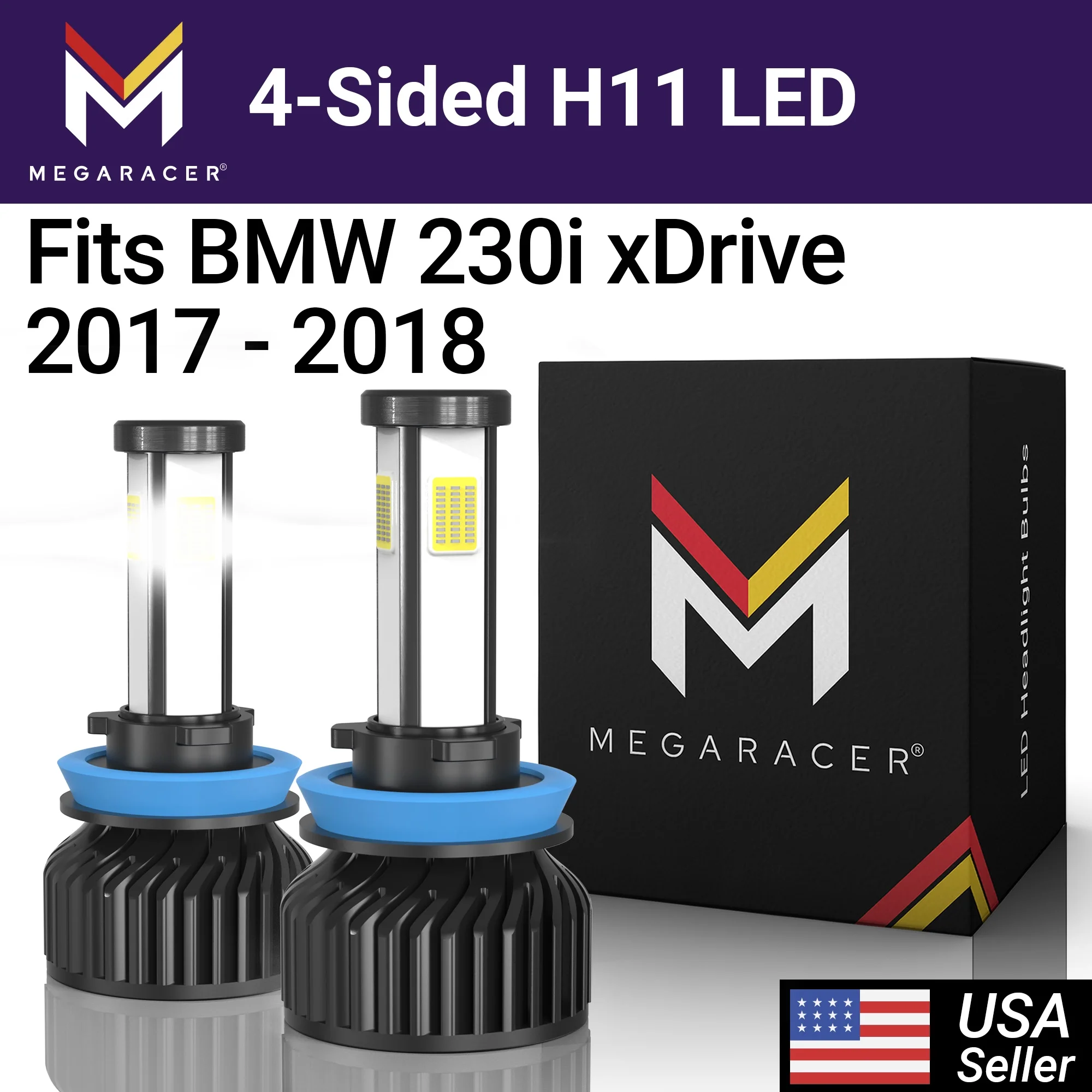 Mega Racer BMW 230i xDrive 4 Sided H11 H9 H8 LED Headlight Bulbs 6000K Diamond White 12V 60W 10000LM BMW 230i xDrive 2017 2018 17 18 Fog Light Automotive Replacement