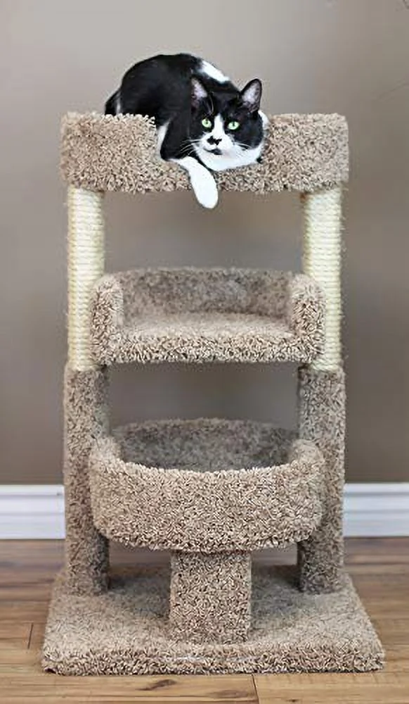 New Cat Condos Solid Wood Large Triple Cat Tree-Brown