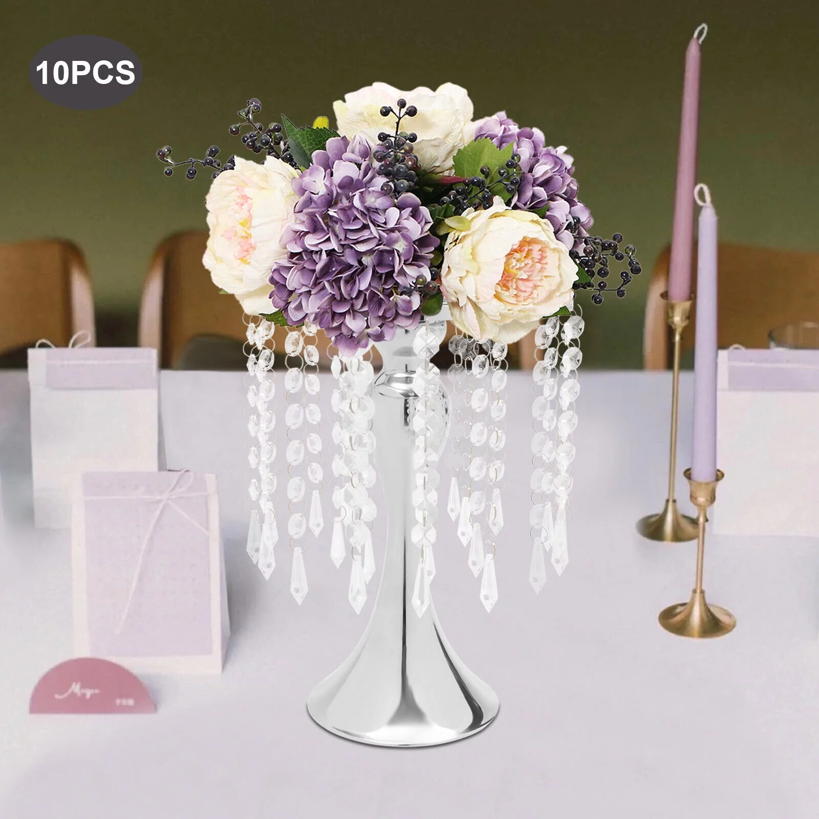 Silver Metal Flower Vases Crystal Flower Stand Wedding Centerpieces Party 10pcs