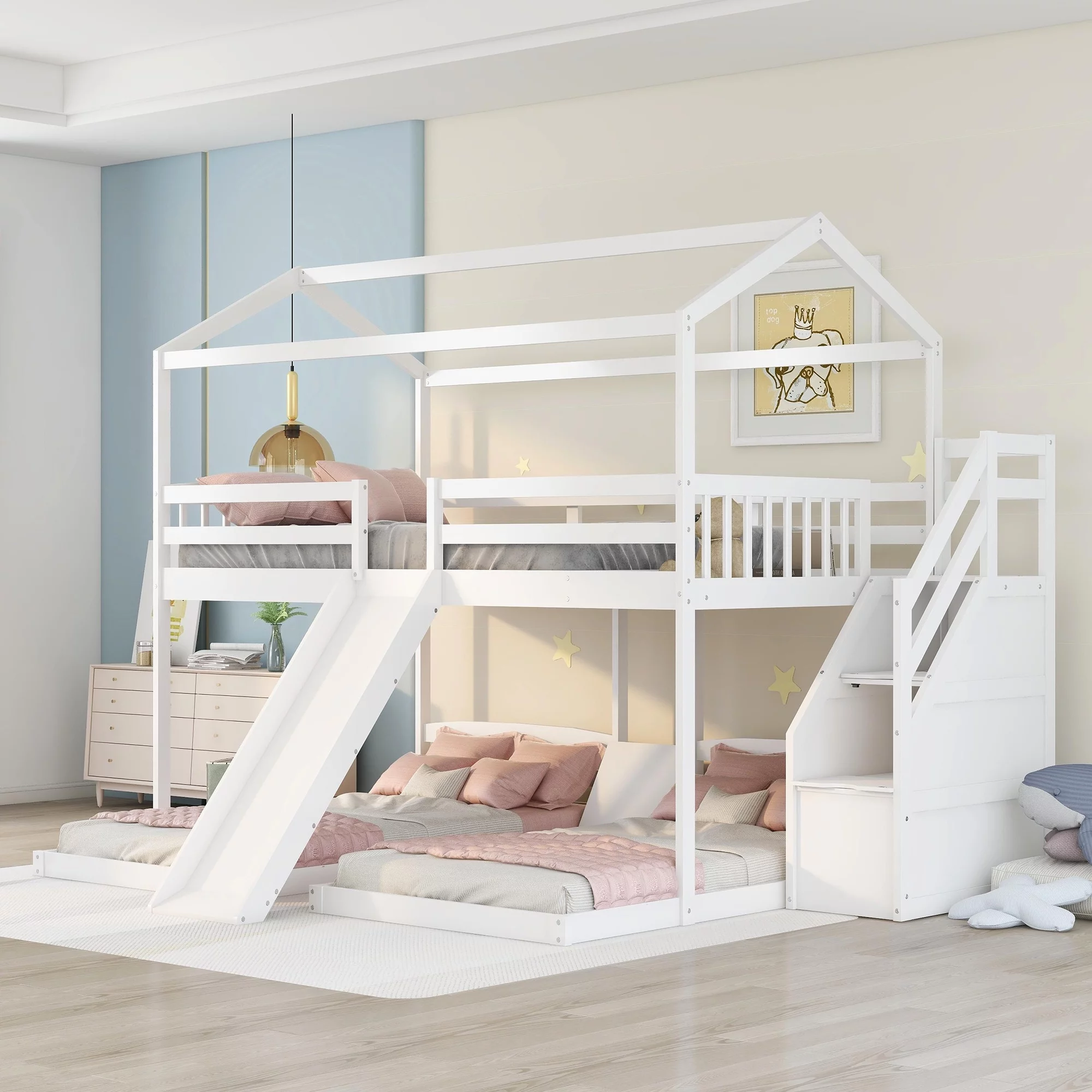 Full over Twin & Twin Bunk Bed with Slide, Drawer and Shelf for Kids Bedroom, White