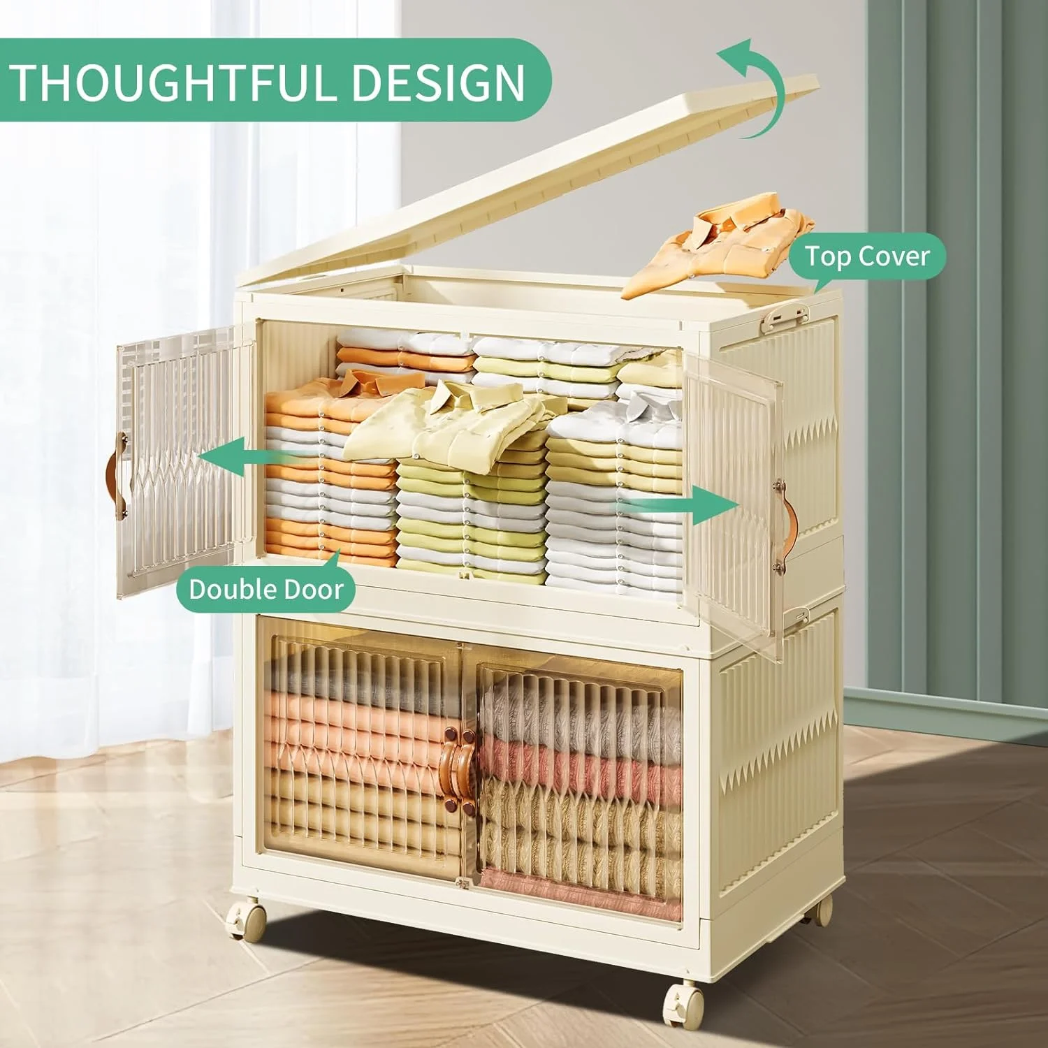 Stackable Storage Bins with Lids 14 Gal Collapsible,3-Tier Plastic Foldable Storage Boxes with Doors and Wheels