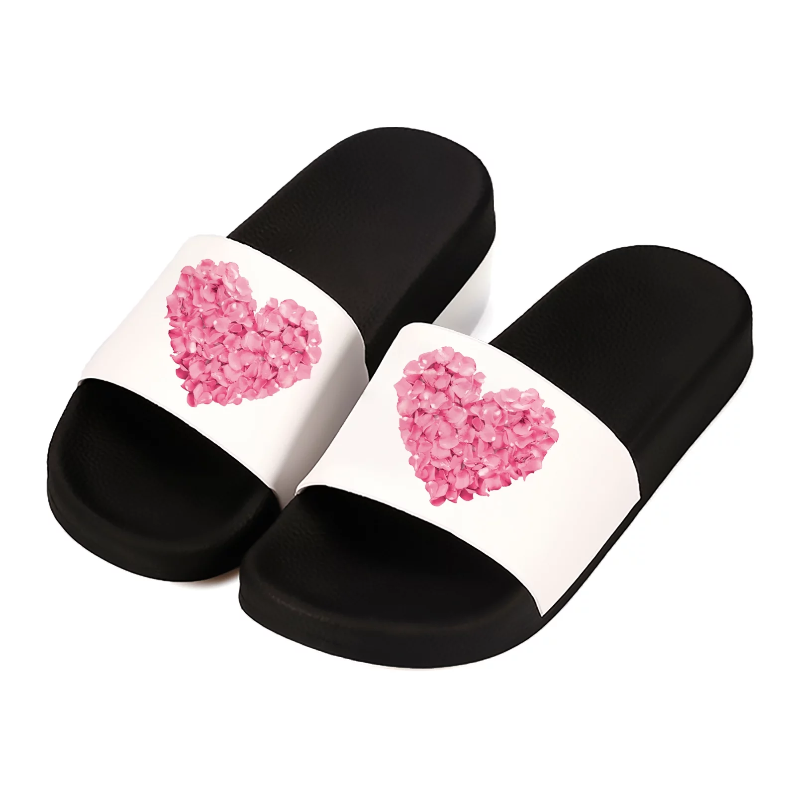Noozuo Women Slide Sandals Slippers Slip on Loving Heart Printed Shoes Soft Lightweight Quick Dry Open Toe Black size 8.5