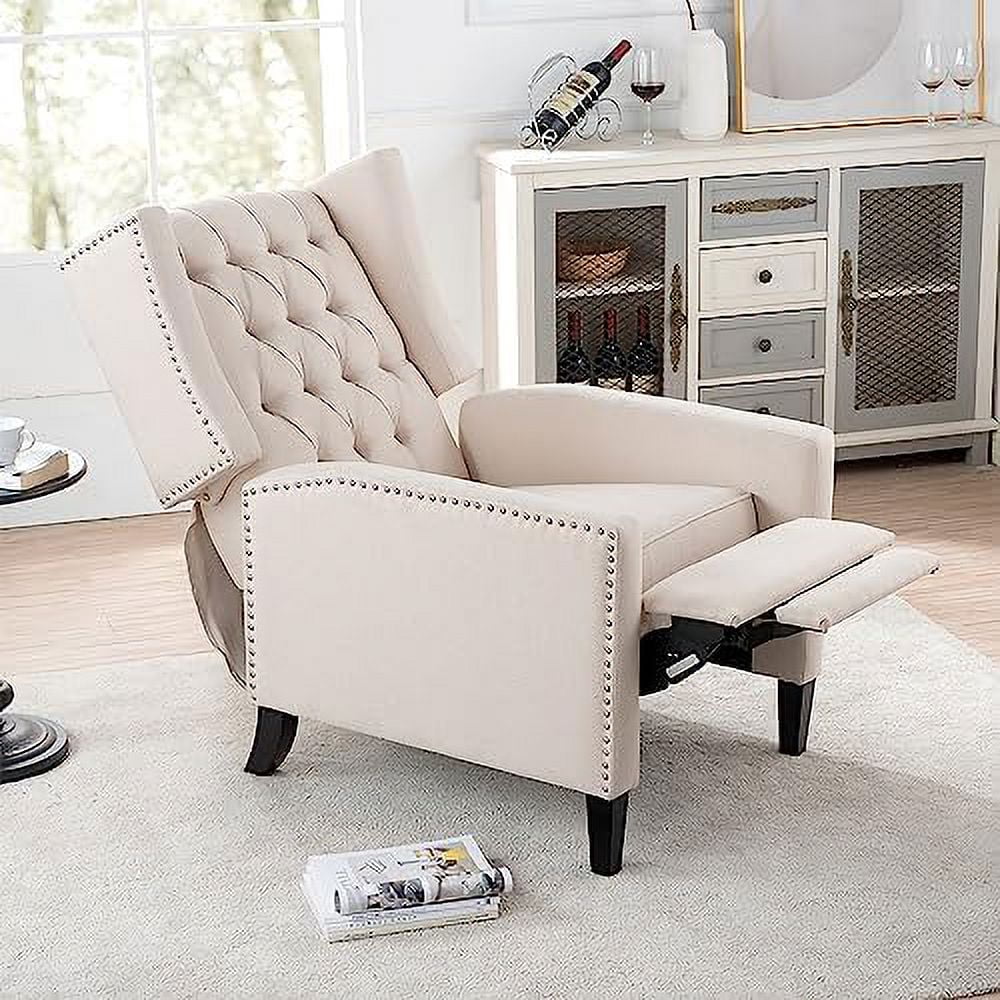 xrboomlife Push Back Recliner Chair  Upholstered Wingback Chair Tufted Armchair Mid Century Modern Lounge Recliners for Small Spaces  Living Room  Bedroom Home Theater Beige
