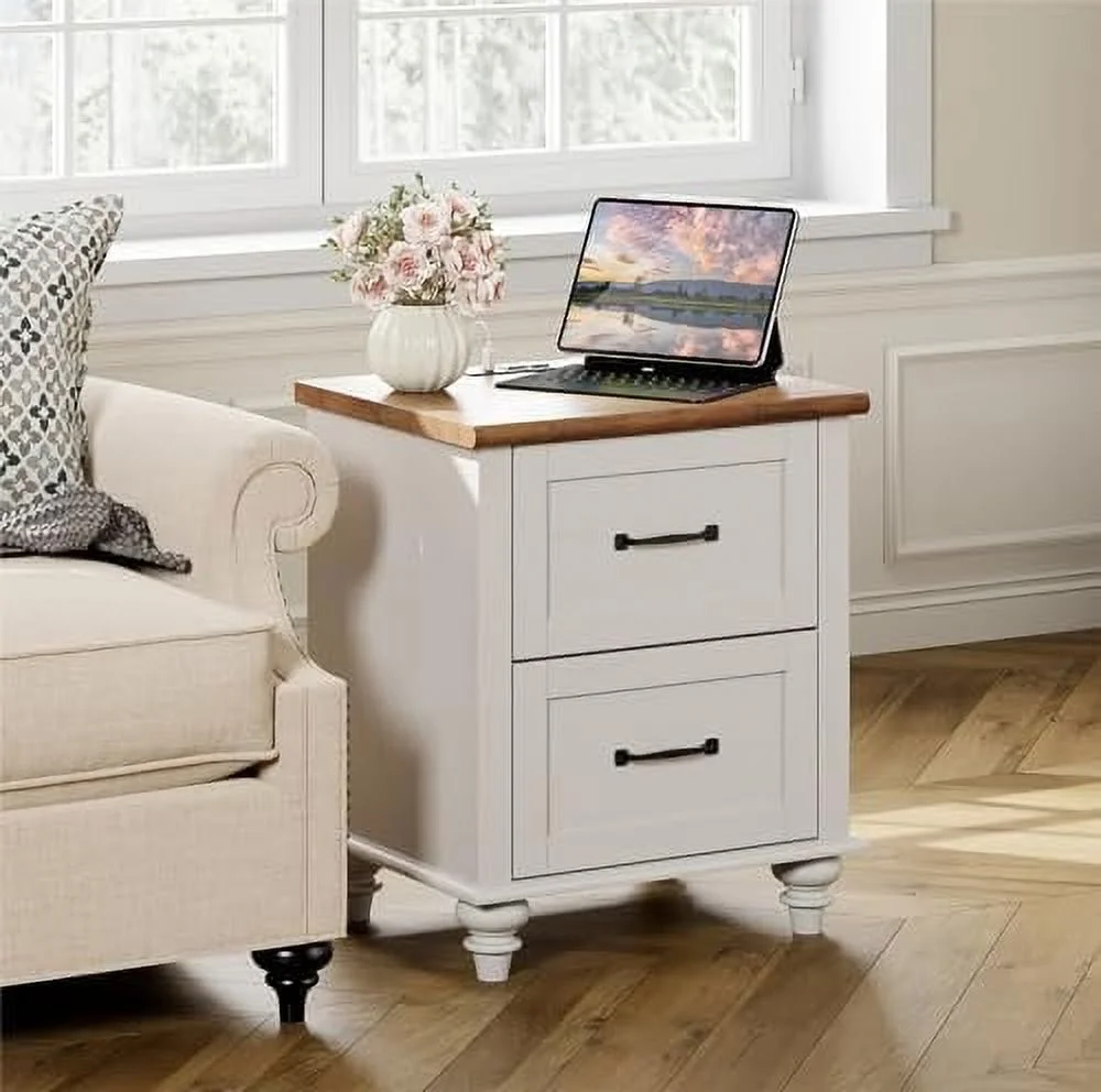 JDZHAPPYLIFE End Table with Charging Station  White Wood Nightstand with 2 Drawers  Sofa  with 2 Power Outlets & 2 USB Ports for Living Room  Mid Century Bedside Table for Bedroom