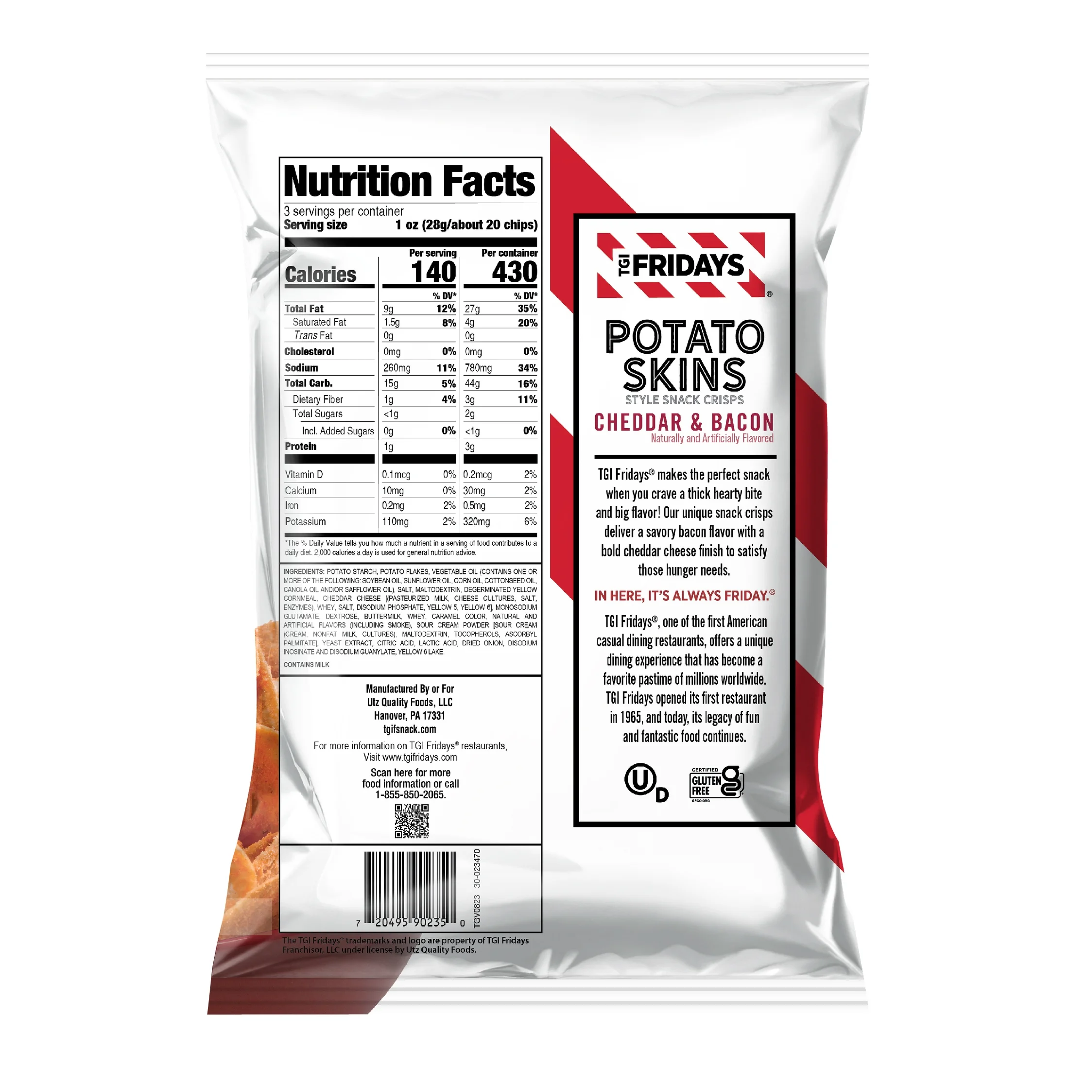 TGI Fridays Cheddar & Bacon Potato Skins Style Snack Crips, Gluten-Free, 3 oz Bag
