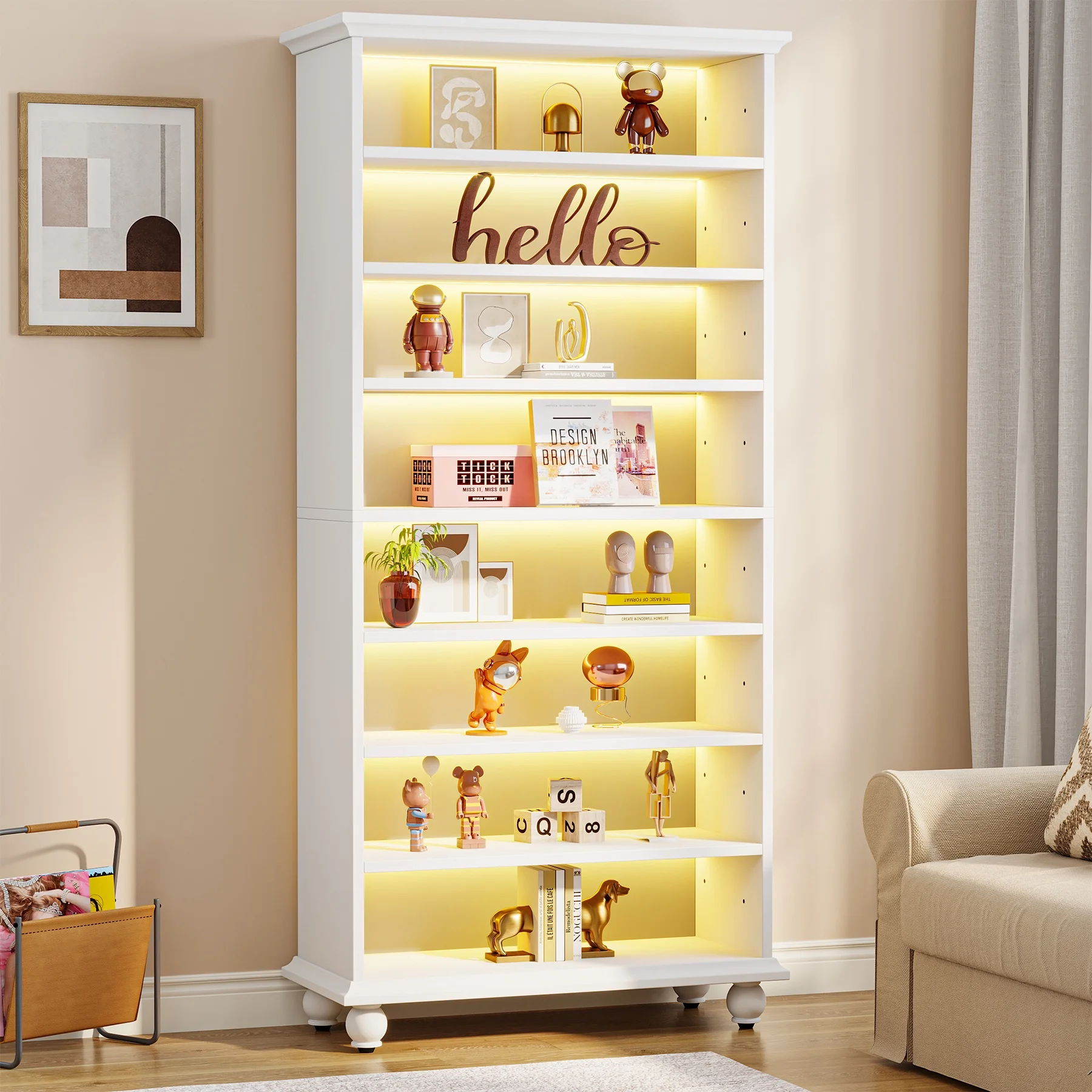 Tribesigns 9 Tiers Bookcase with LED Lighting White Bookshelf with 64 Color Lighting Options