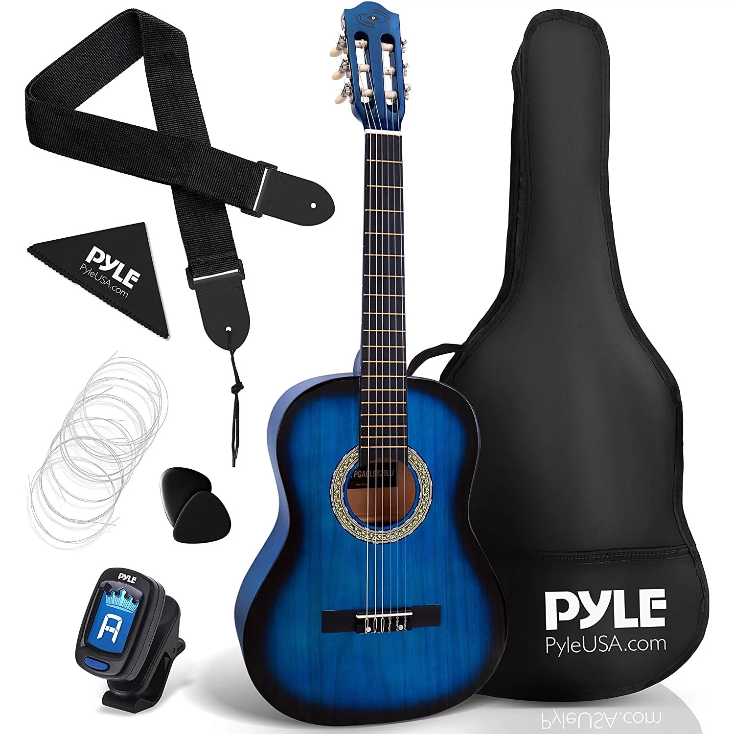 Pyle 36 Inch 6 String Classic Acoustic 3/4 Scale Guitar w/ Digital Tuner, Blue