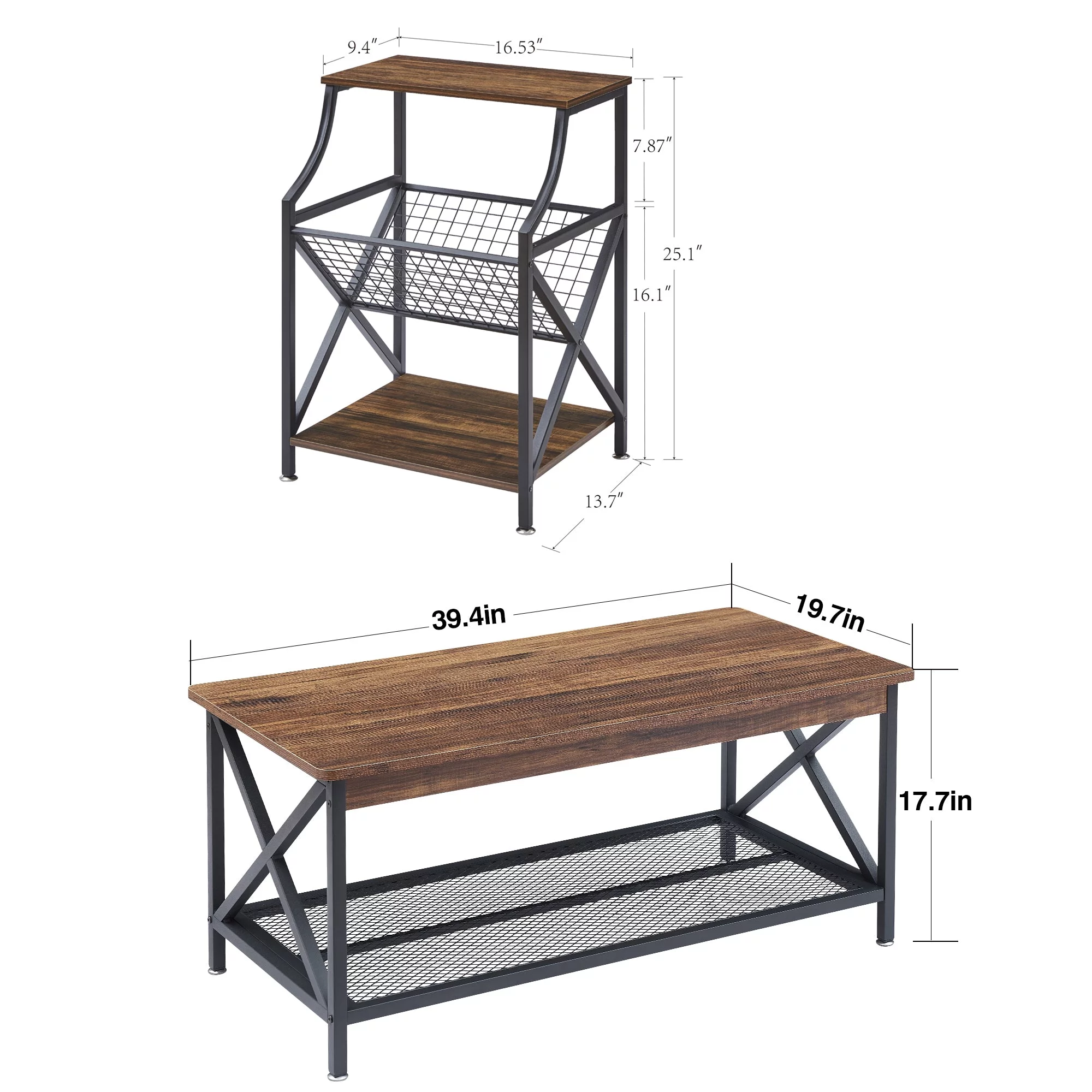 VECELO 3-Piece Coffee Table Set with Coffee Table and 2 End Side Tables, Modern X-Design for Living Room Table Set, Brown