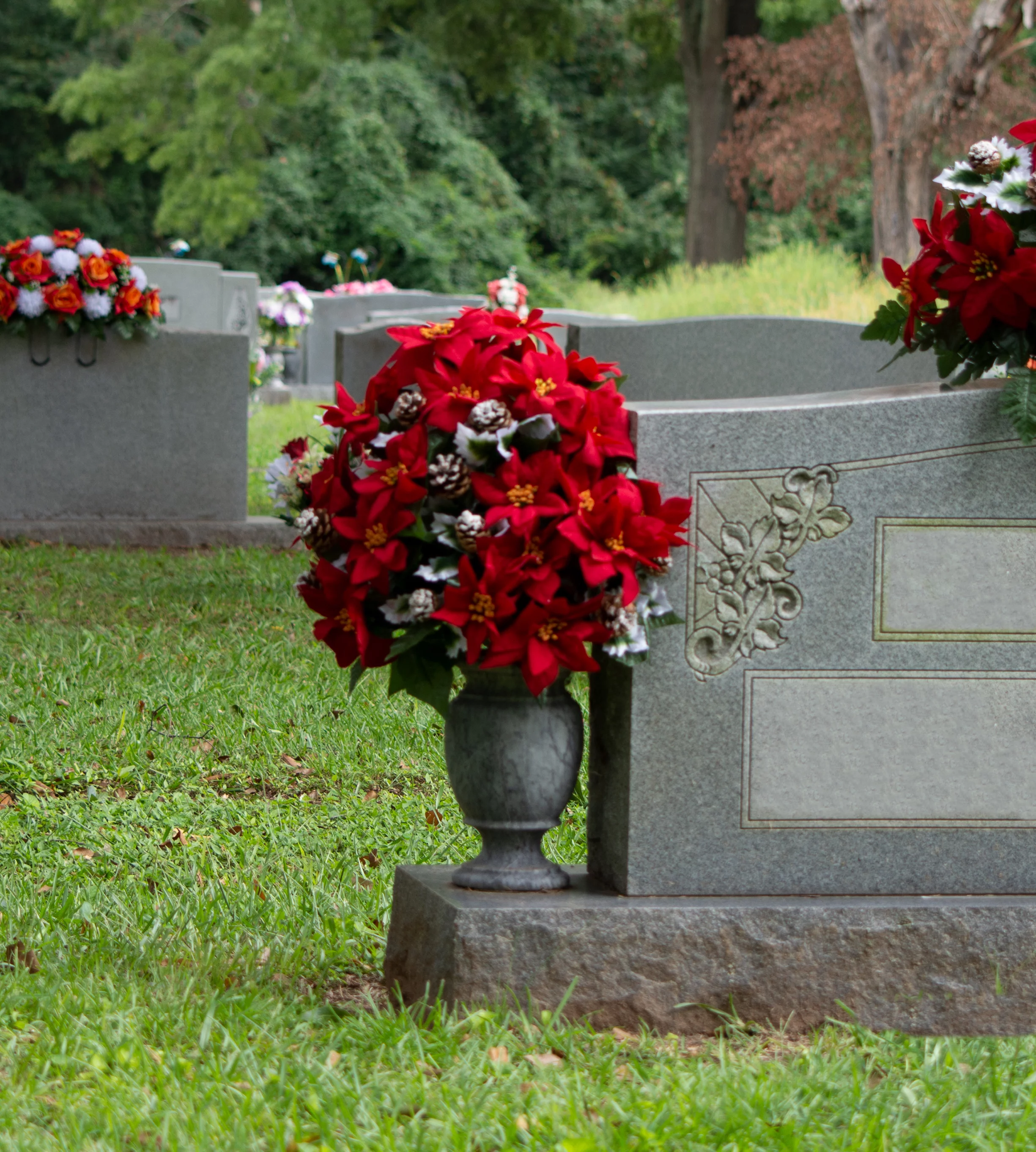 Sympathy Silks Artificial Cemetery Flowers, Christmas Bouquet, Red Poinsettias and Pinecones