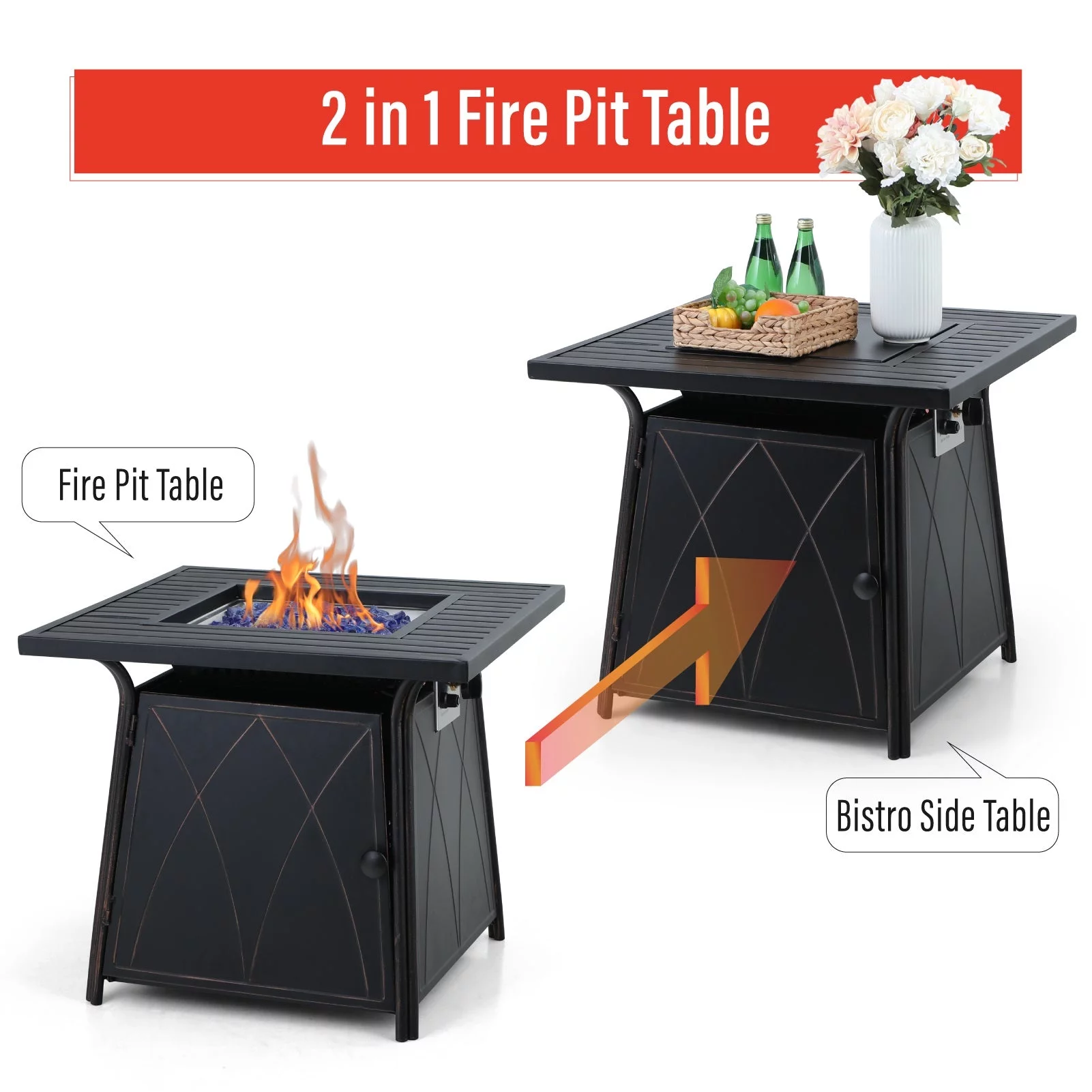 Sophia&William 5-Piece Patio Dining Set Padded C-Spring Chairs & 50,000BTU Fire Pit Table Set