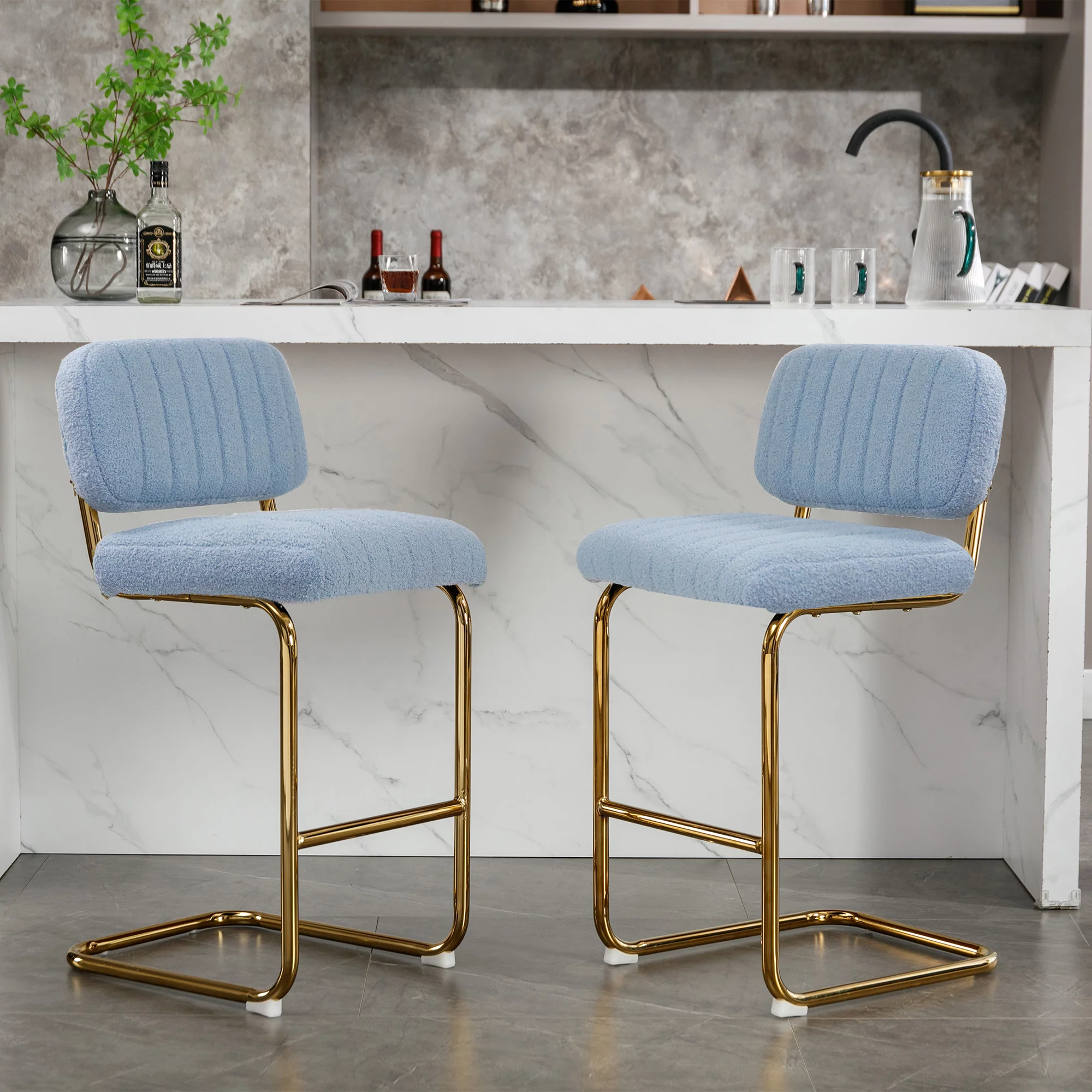 Homiyad Mid-Century Modern Counter Height Bar Stools for Kitchen Set of 2, Armless Bar Chairs with Gold Metal Chrome Base for Dining Room, Upholstered Boucle Fabric Counter Stools, Blue