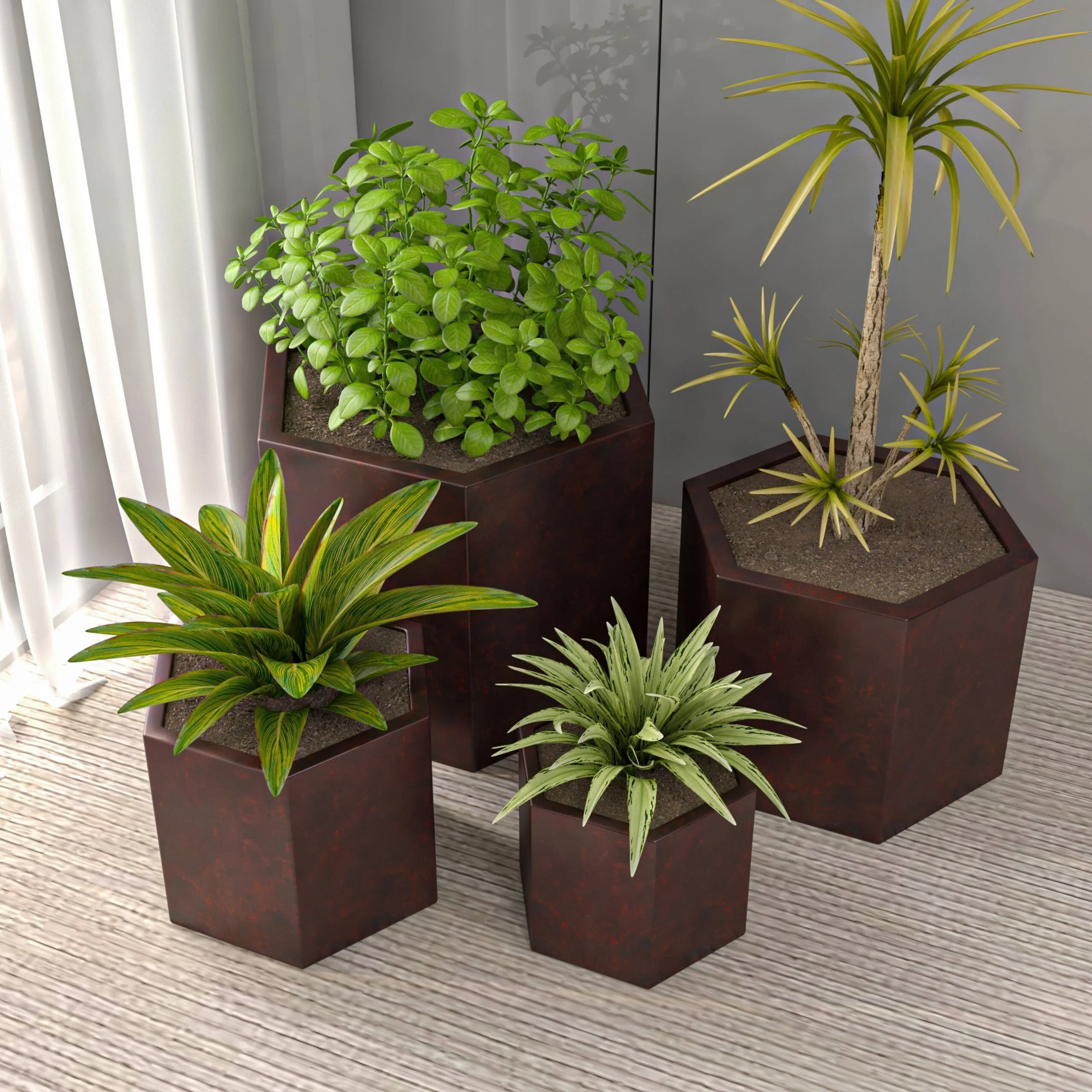 LeisureMod Thicket Modern 4-Piece Fiberstone Planter - Hexagon Design Weather Resistant Plant Pot with Drainage Holes for Indoor and Outdoor, Brown