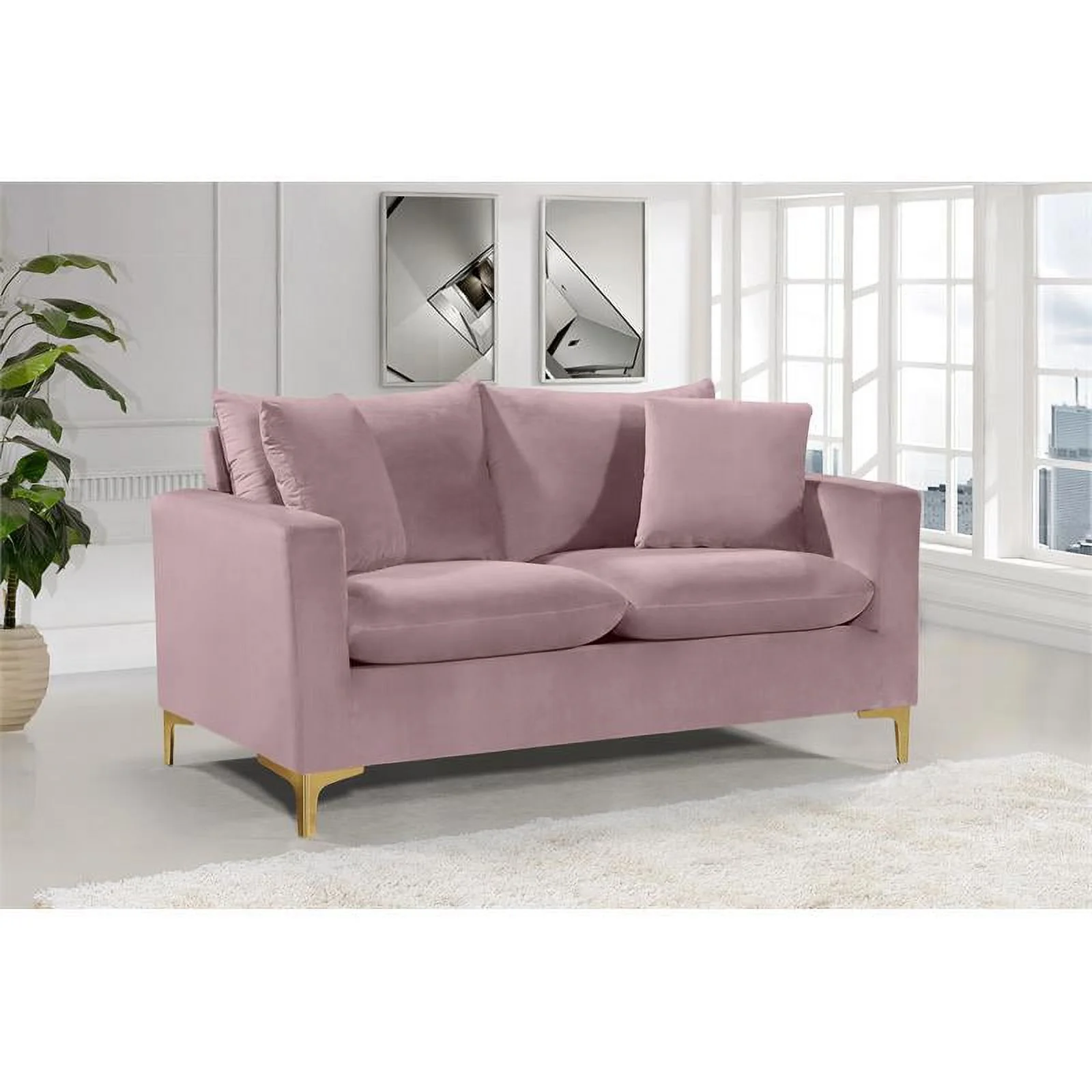 Home Square 3-Piece Set with Velvet Accent Chair Sofa and Loveseat in Pink