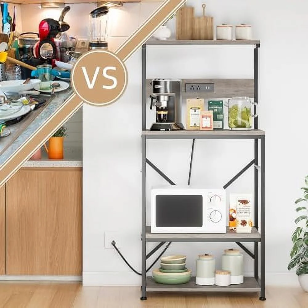 MQLIFEBOOM Kitchen Bakers Rack with Power Outlet  Coffee  Cabinet  Kitchen Cart  Large Microwave Stands Cart with 6 S-Shaped Hooks  Wine Glass Holder and Basket (35.43''  Rustic B
