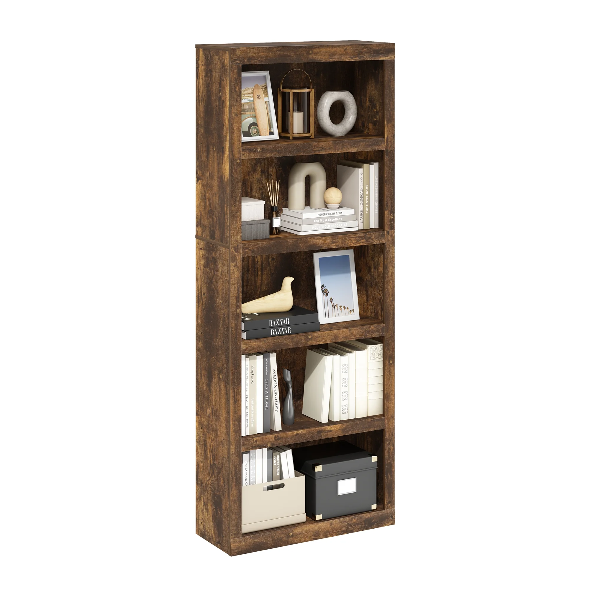 Furinno Rail 5-Tier Open Shelf Bookcase, Amber Pine