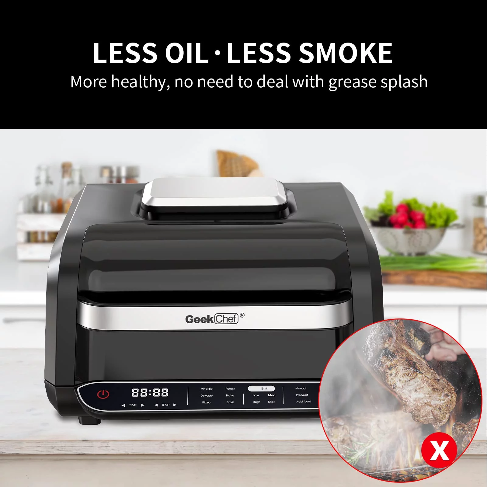 Geek Chef Smart Indoor XL Air Fryer Grill Combo,40 Recipes & 7-in-1 Cooking Functions, Smokeless & Oilless Cooker, Digital Electric Countertop Grill, Temp & Time Control, ETL Certified, 1700W, Black