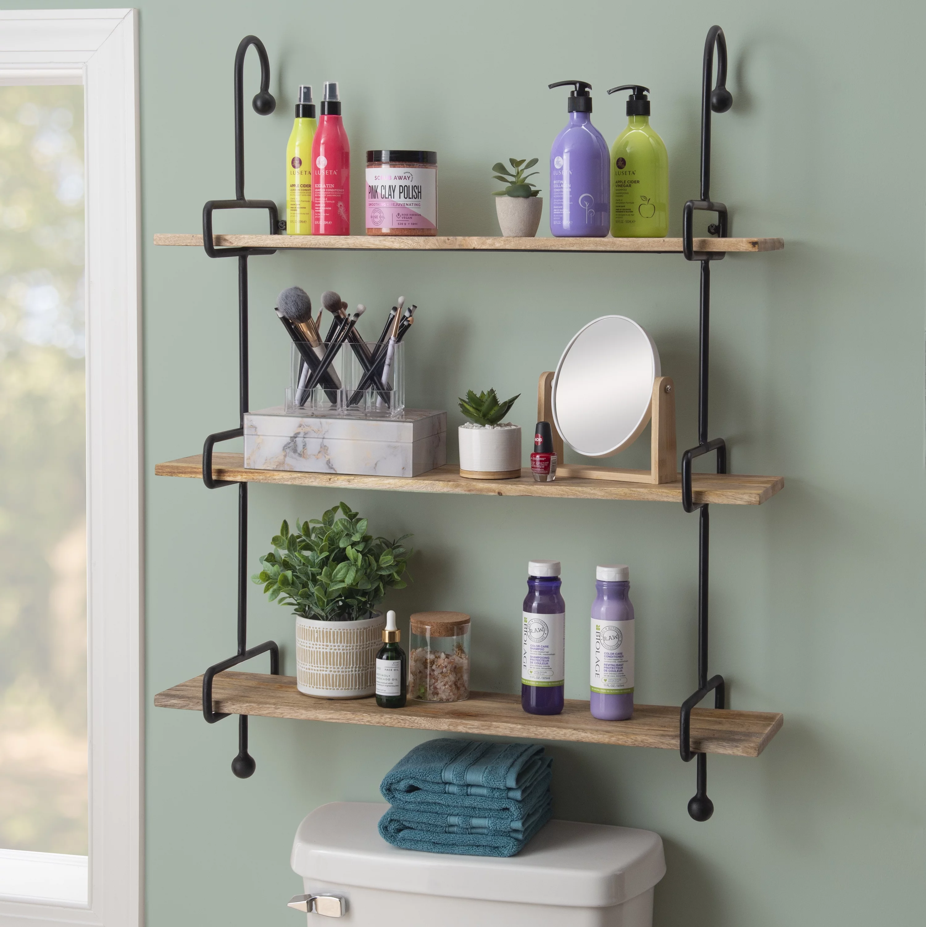 Wrenn 3-Tier Wall Shelves, Black Metal with Natural Mango Wood