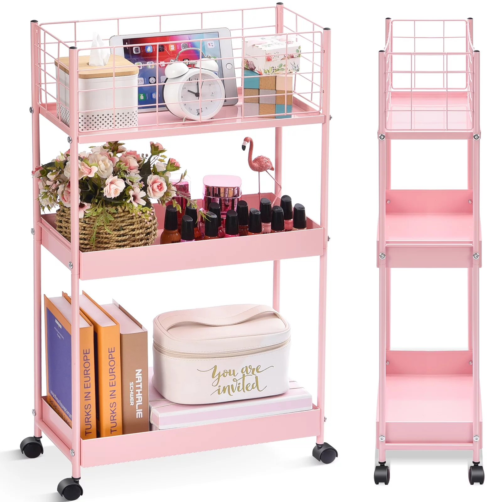 TOOLF Rolling Cart, 3-Tier Metal Cart, Slim Storage Cart for Home & Office, Pink