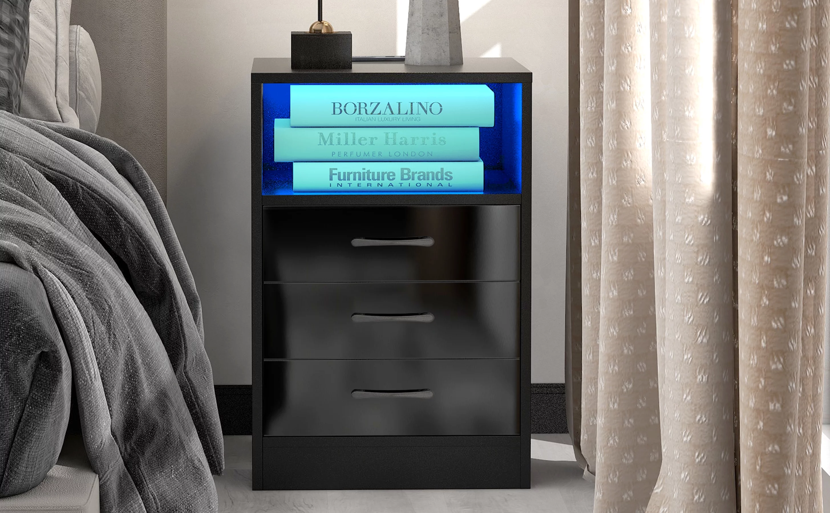 Modern Nightstand for Bedroom, Seizeen LED Lights End Table w/ 3 Drawers & Storage Cabinet, USB Wireless Charging Station and Remote Control, Black