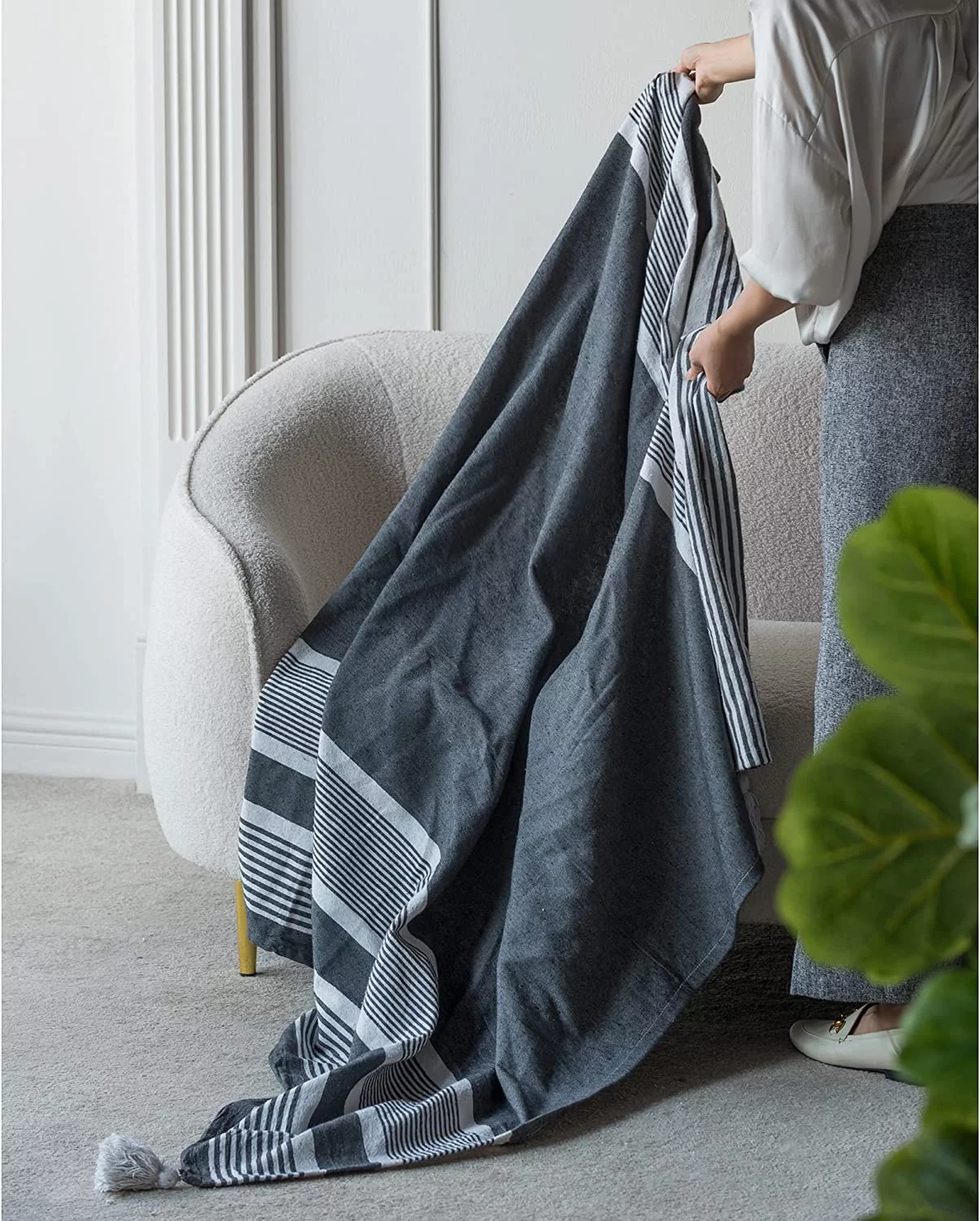 A&B Home Throw Blanket - Black and White Stripe Woven Cotton Blend Blanket, 50