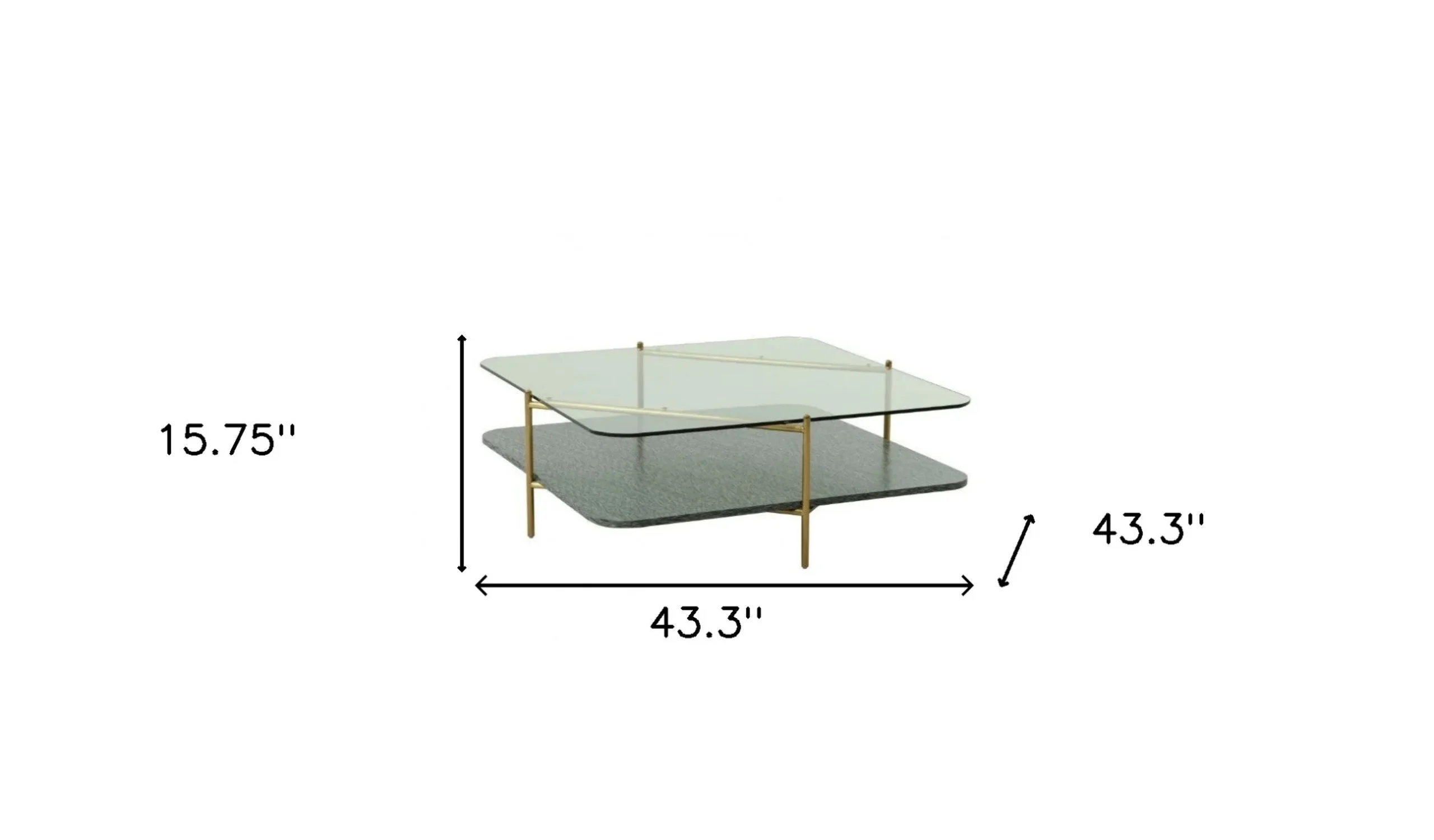 HomeRoots 488720 15.75 x 43.3 x 43.3 in. Gold & Clear Glass Square Coffee Table with Shelf