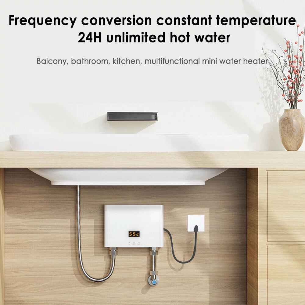 Mini Electric Tankless Water Heater 3000W 110V Constant Temperature Instant Hot Water Heater with Remote Control Digital Display On Demand Hot Water Heater-White