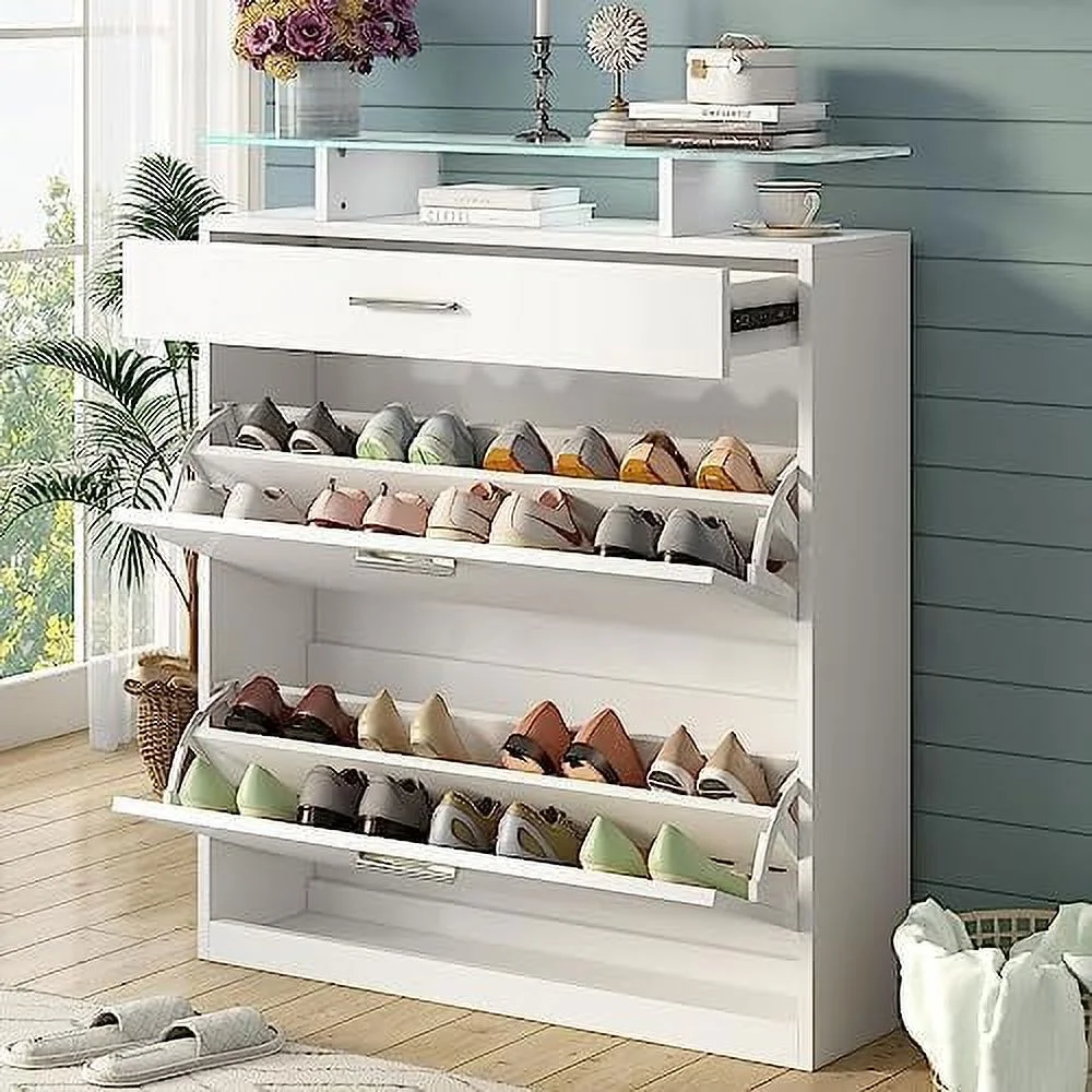 TQJKLFDY Harper & Bright Designs Modern Shoe Cabinet with 4 Flip Drawers  Multifunctional 2-Tier Shoe  Organizer with Drawers  Free Standing Shoe Rack for Entrance Hallway  Black.