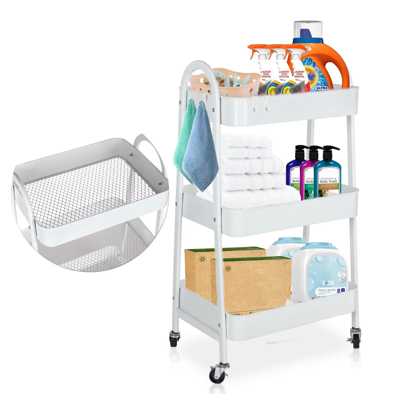PinkSheep 3 Tier Rolling Cart, Metal Utility Shelf Cart Organizer with Wheels for Kitchen Bathroom, White