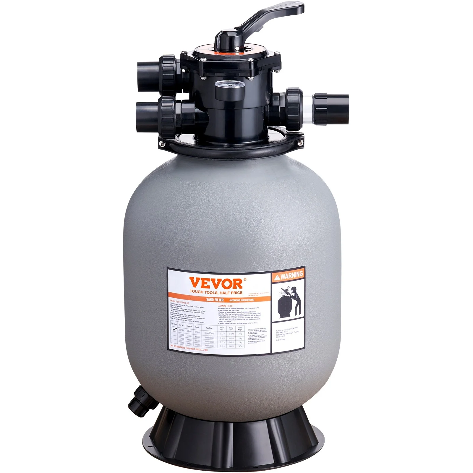 VEVOR 16 to 24 inch Sand Filter 35 to 65 GPM Above Inground Pool with 7-Way Multi-Port Valve 16-inch-Up-to-35 GPM - Multi