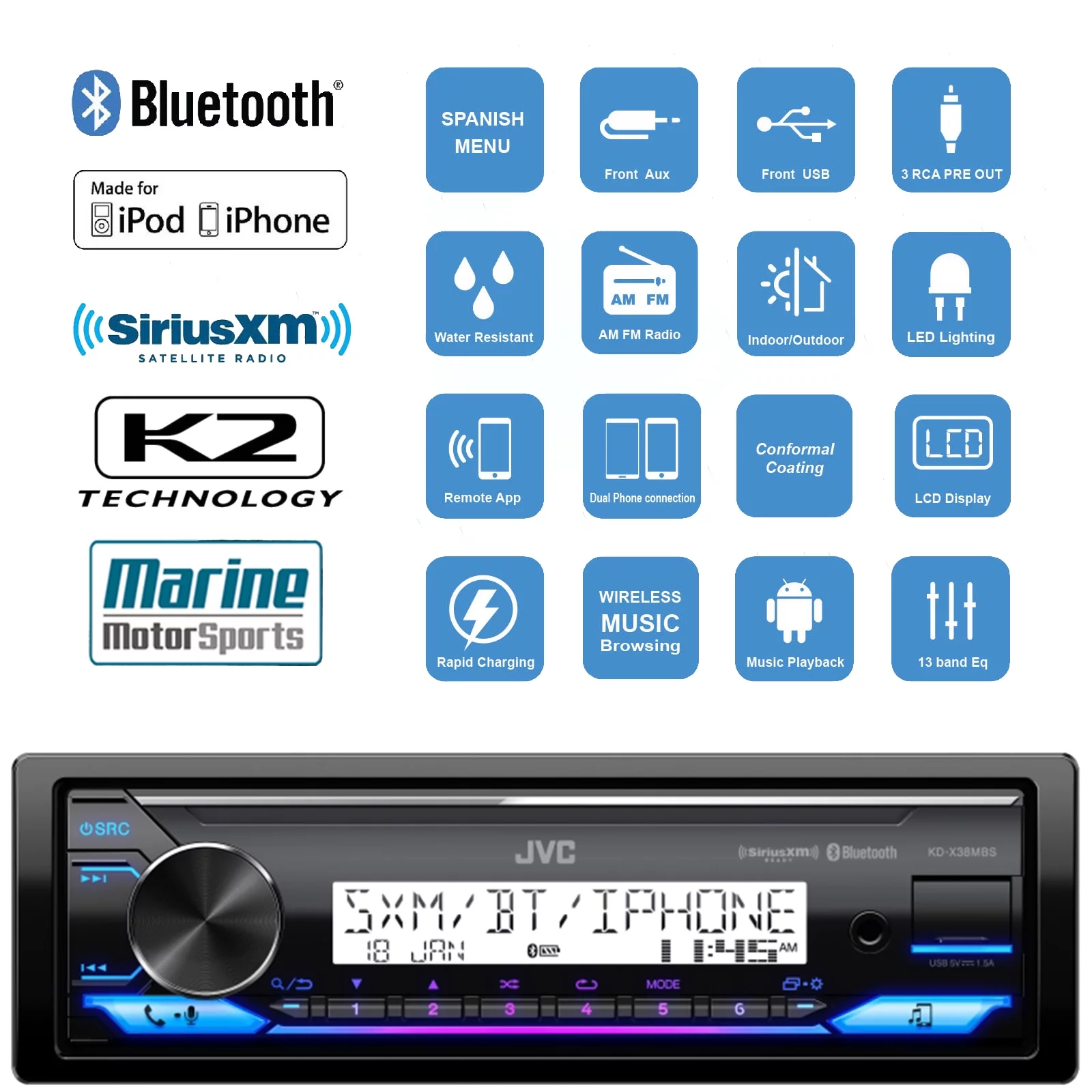 Single DIN Headunit Bluetooth Radio USB AUX AM/FM Digital Media Marine Receiver Bundle Combo with 2 Pairs (QTY 4) 6.5