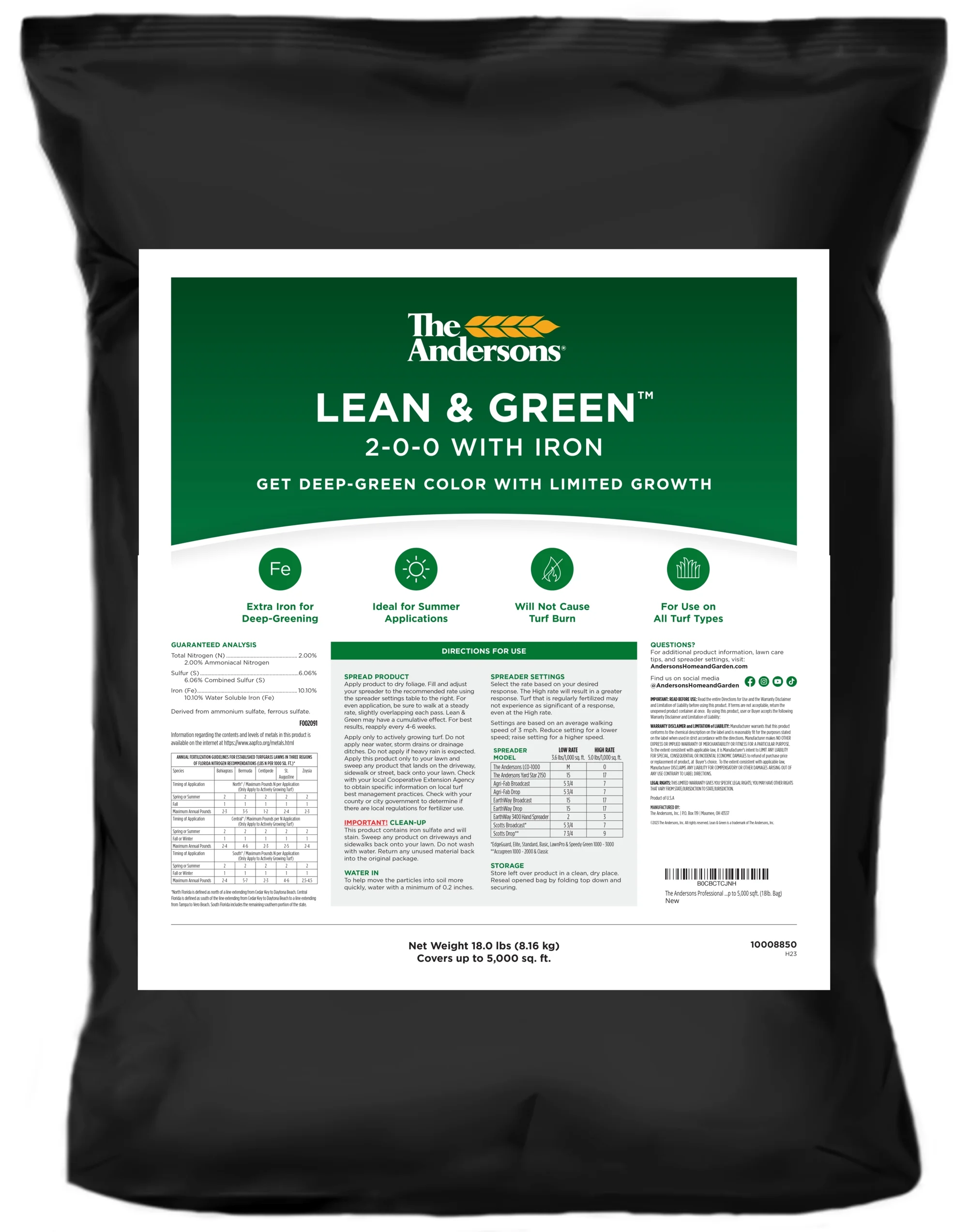The Andersons Professional Lean & Green Fertilizer 2-0-0 with Iron - Covers up to 5,000 Sqft (18lb. Bag)