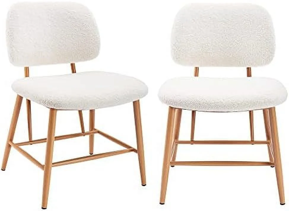 TJUNBOLIFE Modern Accent Chair  Ivory White Upholstered Dining Chairs   Short Plush Fabric  Armless Dining Chair with Backrest  Sherpa Chair for Dining Room  Living Room  Wood Grain Metal