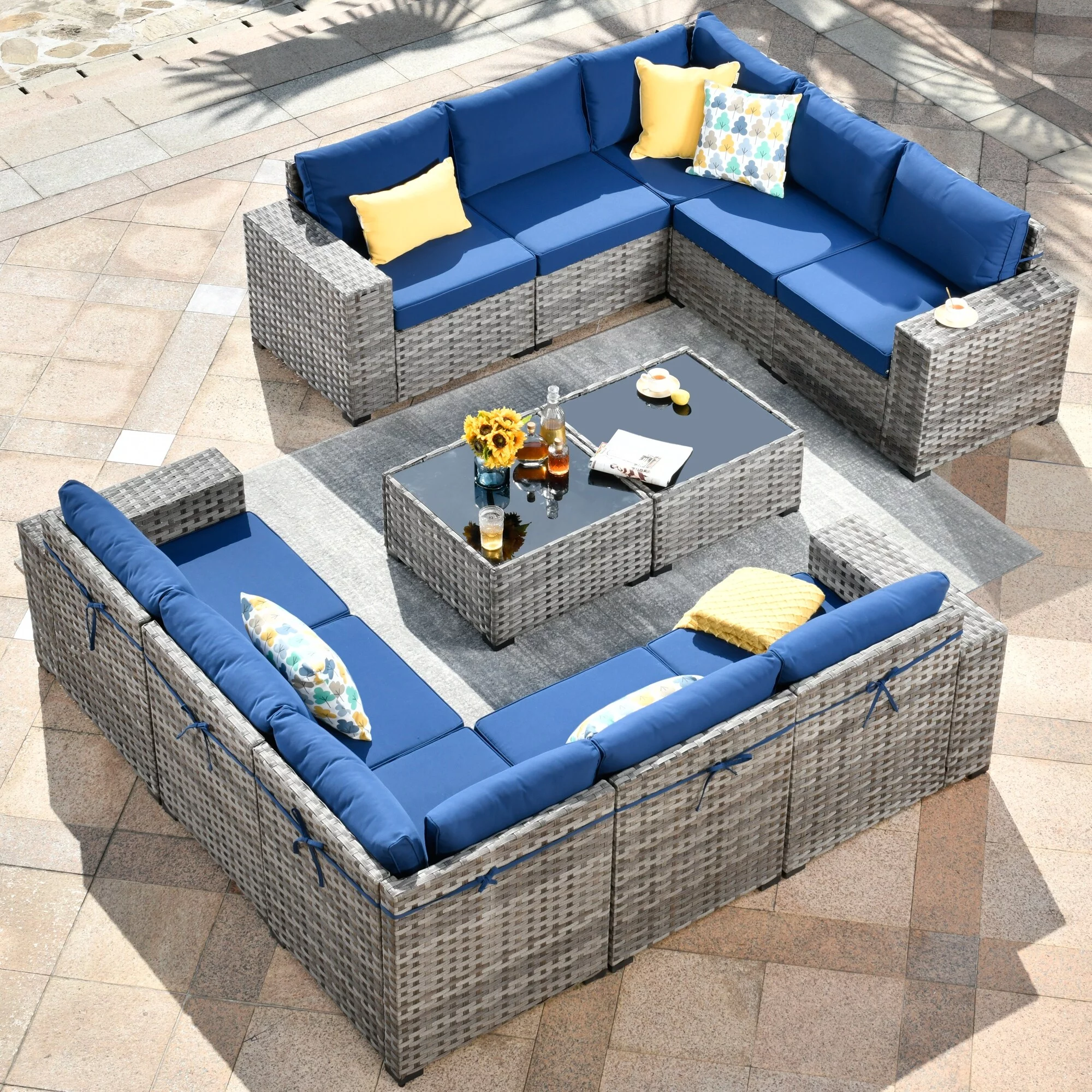 OVIOS  Patio Wicker Furniture Wide Arm 12-piece Set with Table Navy Blue
