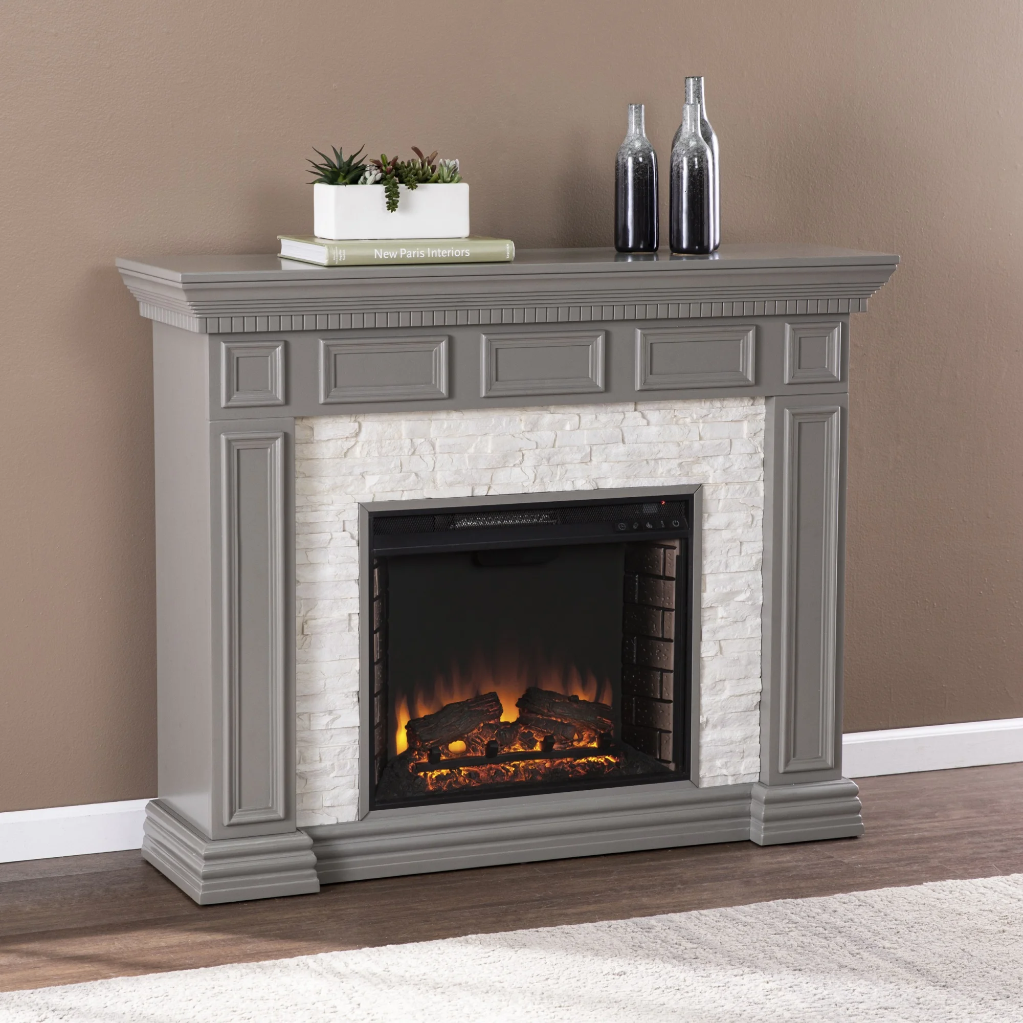 SEI Furniture Dakesbury Faux Stone Electric Fireplace in Gray Faux Stone