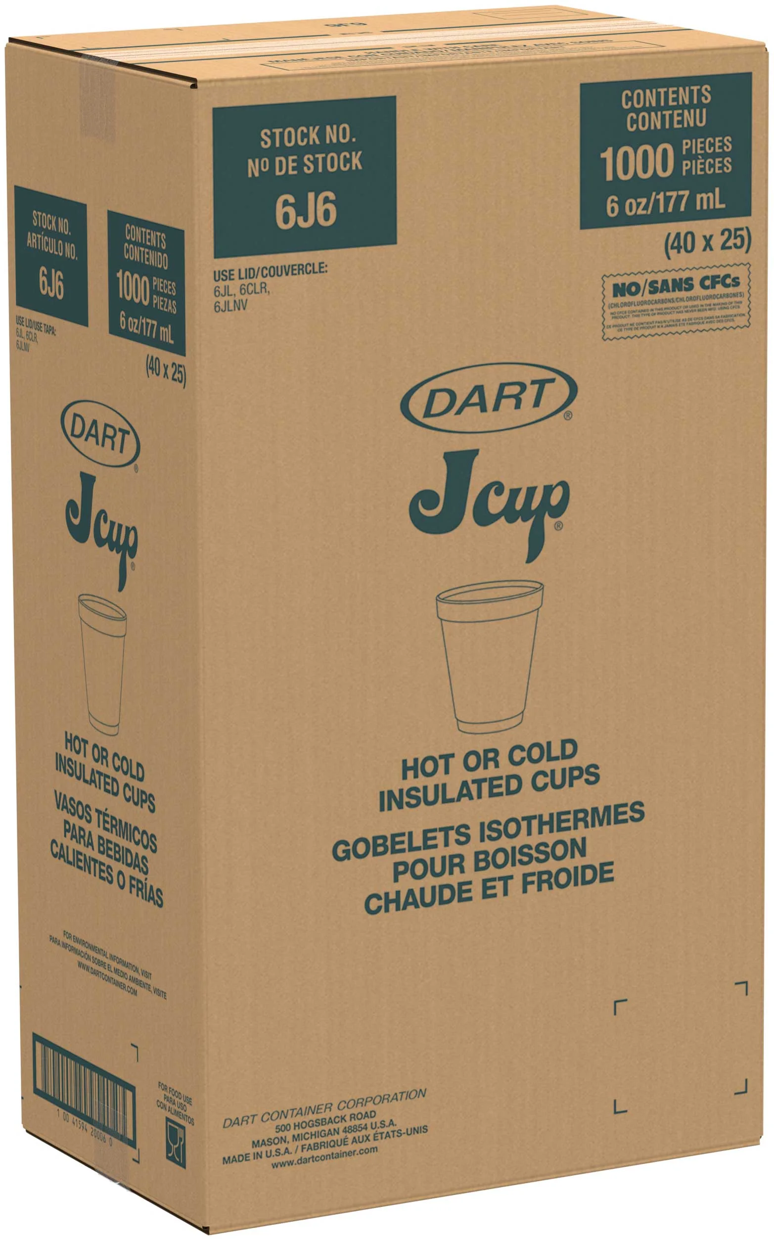 Dart Foam Cups, 6oz, White, 1000ct Case, Fits 6-series Lids, 6J6
