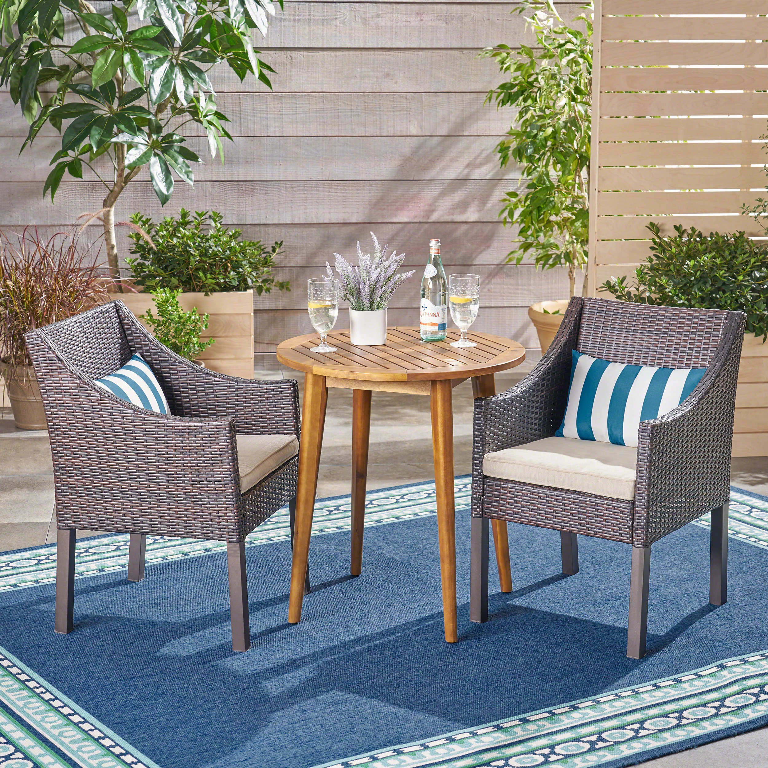 GDF Studio Everest Outdoor Acacia Wood and Wicker 3 Piece Bistro Set, Beige, Multibrown, and Teak