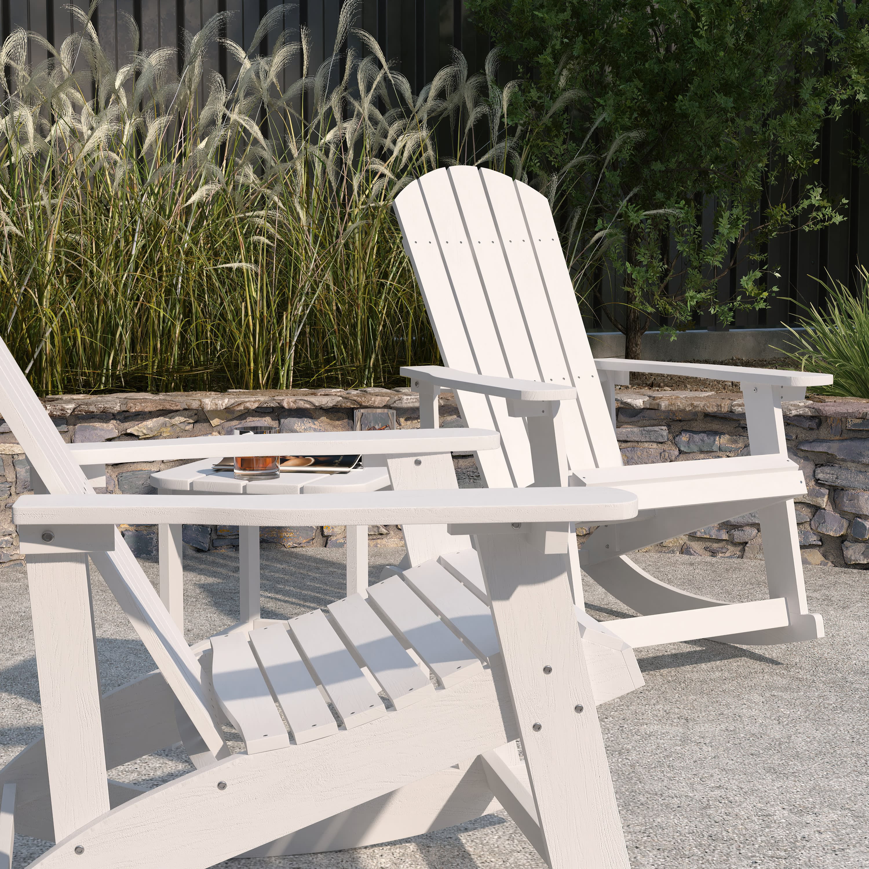 Merrick Lane 3 Piece Adirondack Patio Furniture Set Includes 2 White All-Weather Rocking Chairs and Side Table