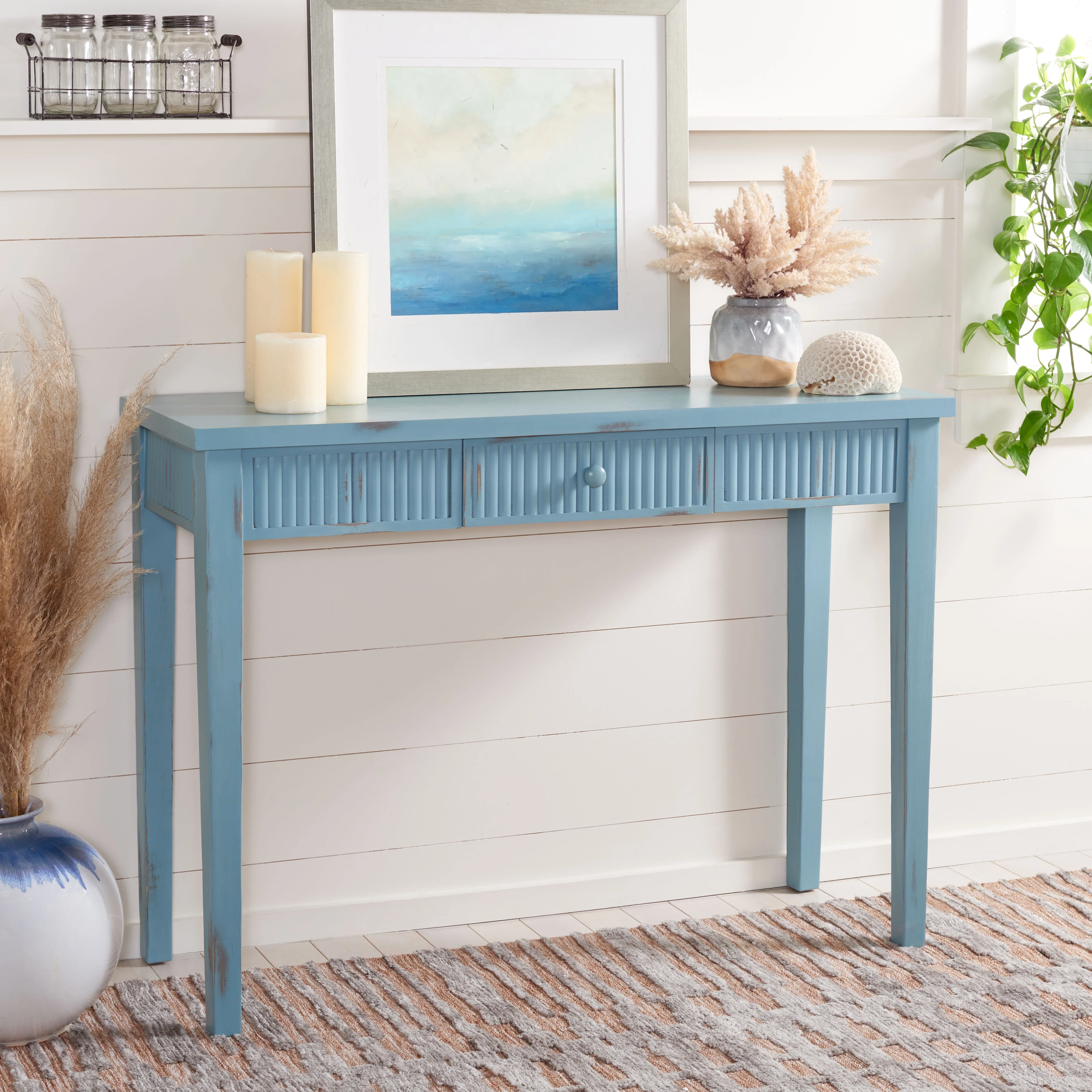 SAFAVIEH Beale Amish Blue Wood Console Table with Drawer (43.3 in. W x 15.8 in. D x 32 in. H)