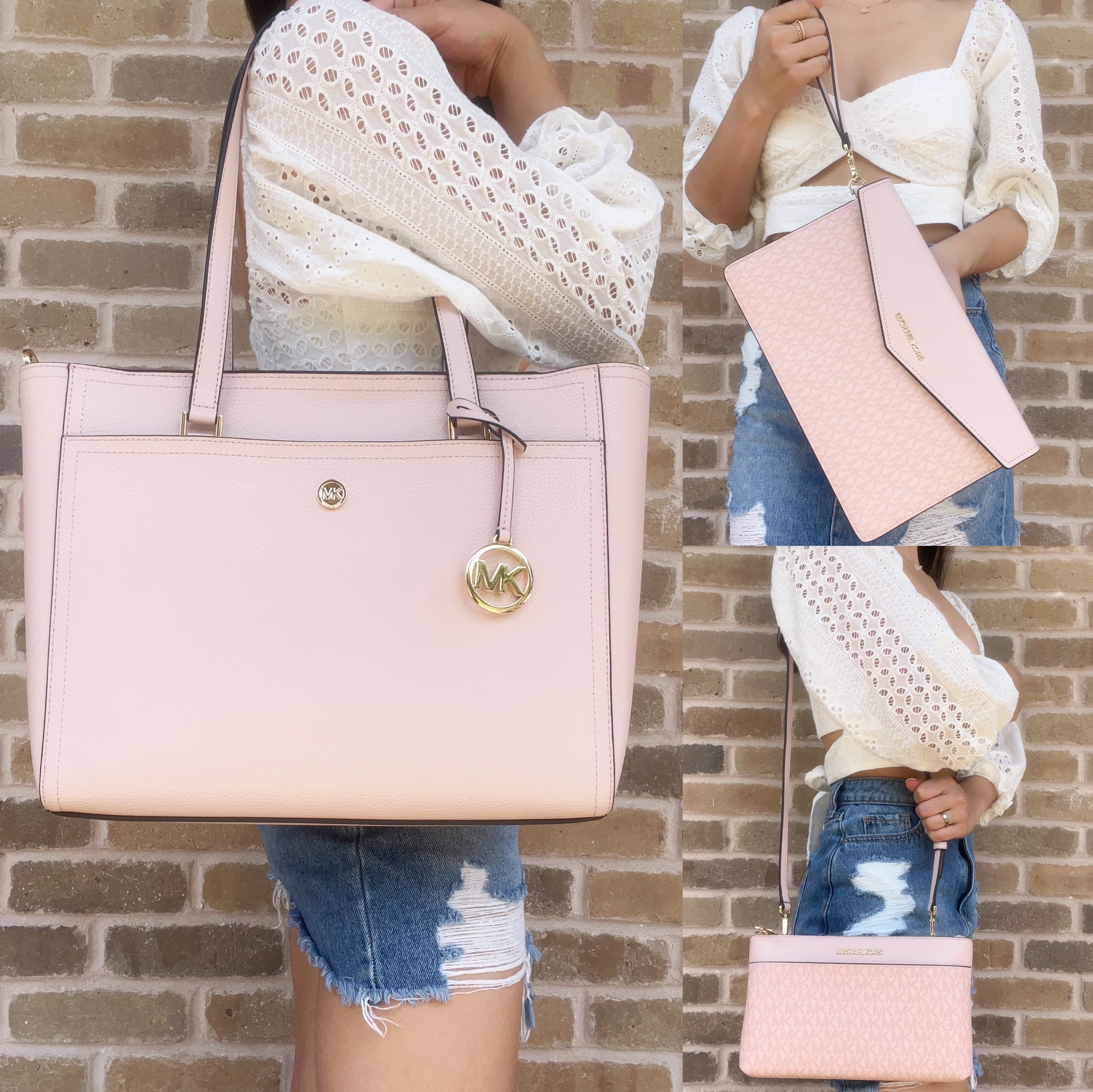 Michael Kors Maisie Large Pebbled Leather 3-In-1 Tote Bag Powder Blush Pink Mk