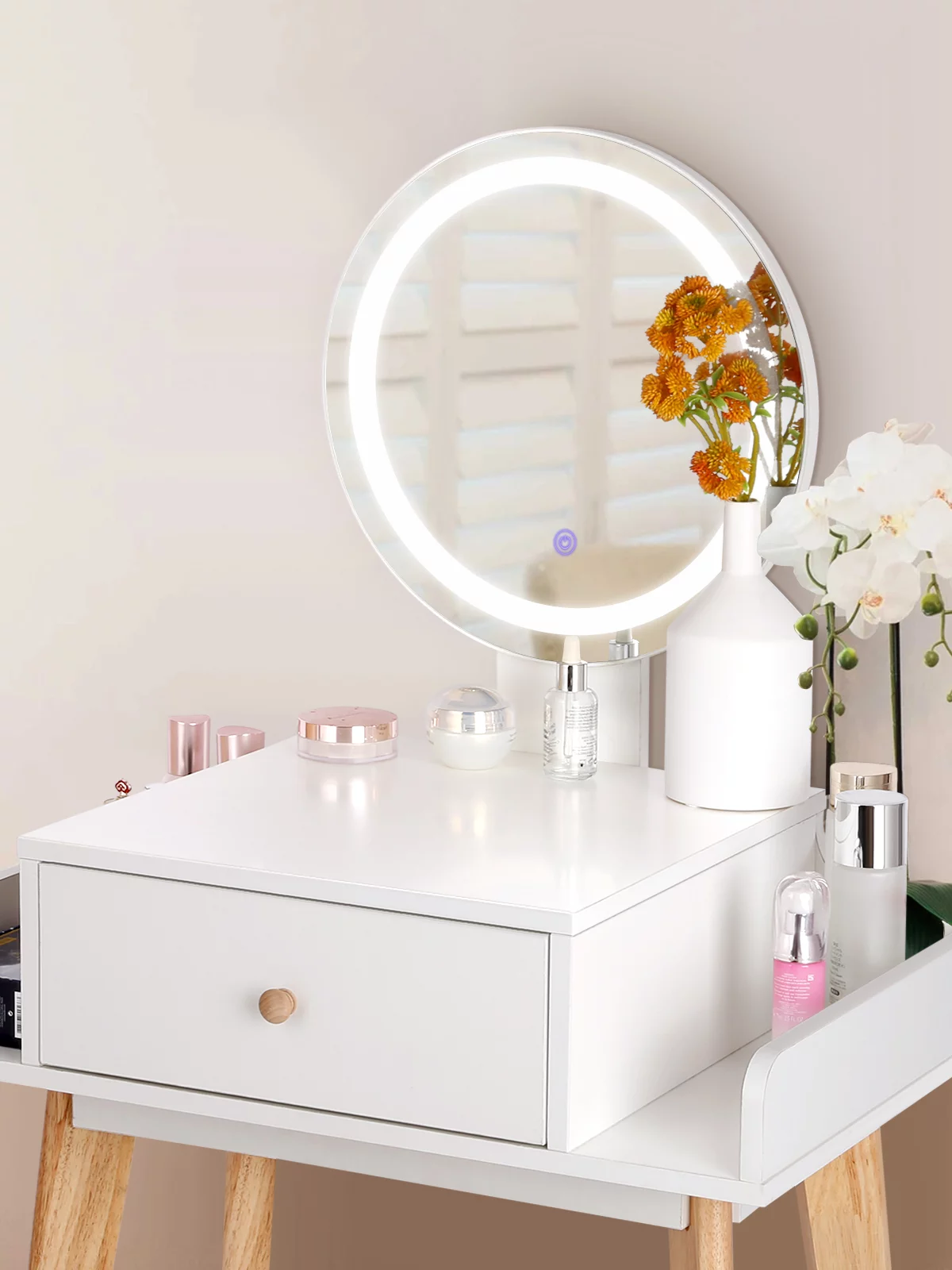 RichYa Vanity Set with Lighted Mirror, Makeup Vanity with Drawer and Stool, Dressing Table for Women Girls, White