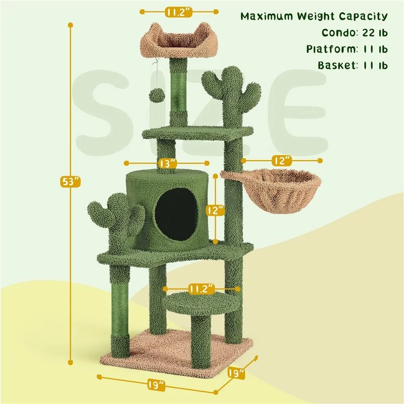 YLZ Luxury Cat Tree Condo Cactus Design 53''H Padded Perch Green/Brown Playful Kitten Tower