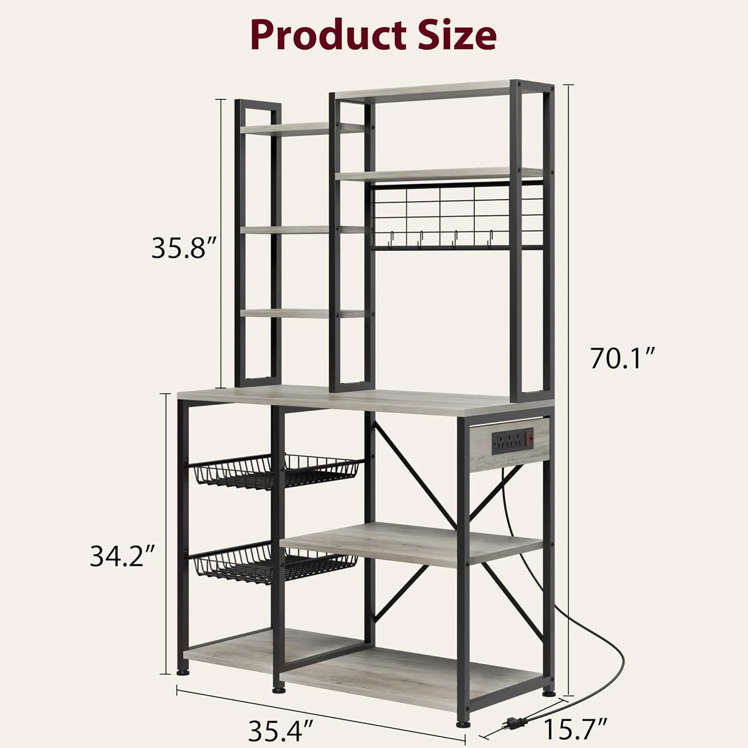 Baker Rack with Power Outlet, Kitchen Bakers Rack with 2 Wire Basket, Microwave Stand with Large Open Storage Shelves, 7-Tier Freestanding Utility Storage Shelf, Retro Brown