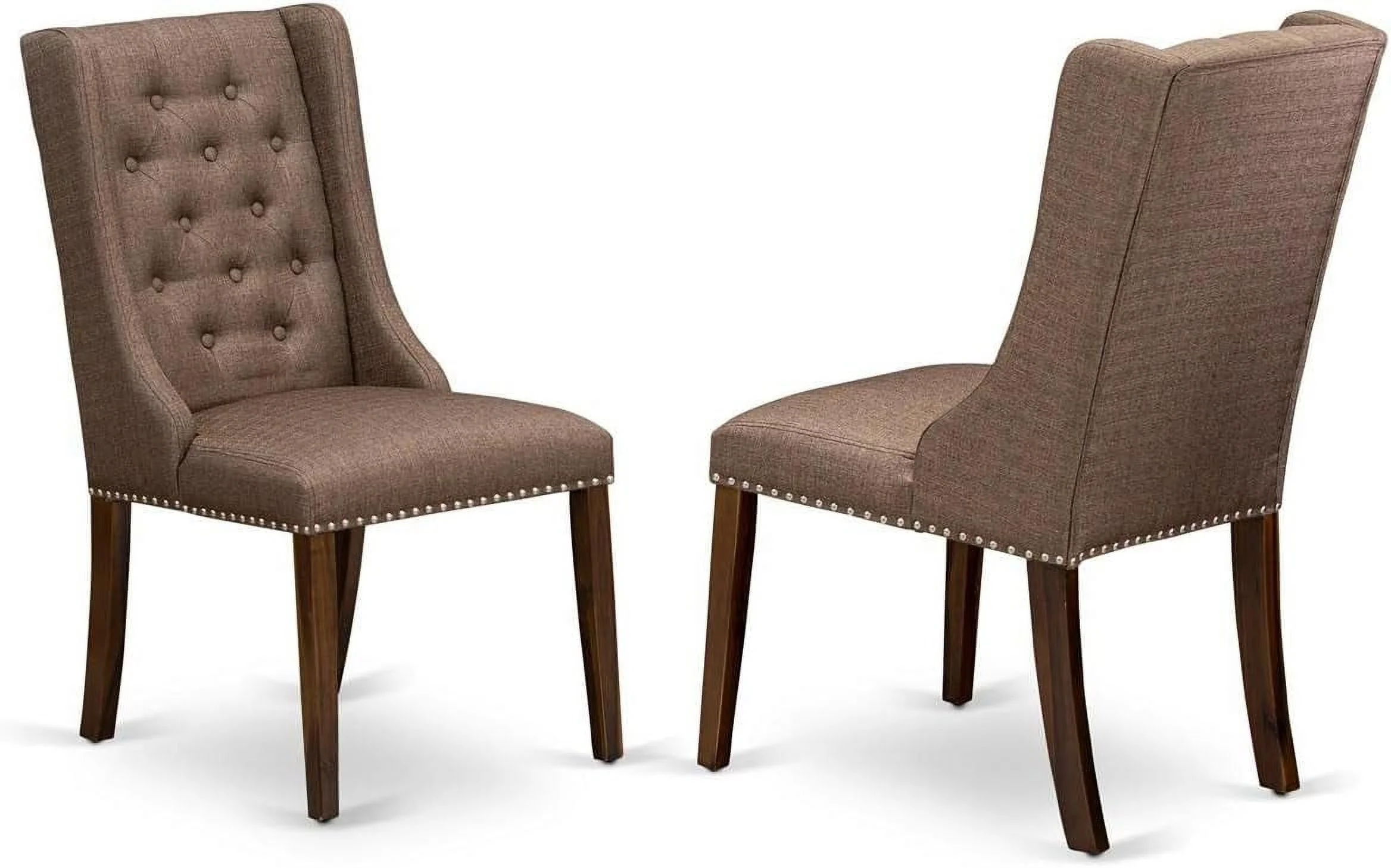 FOP8T18 Forney Parson Dining Room Chairs - Button Tufted Nailhead Trim Brown Linen Linen Fabric Padded Chairs, Set Of 2, Walnut