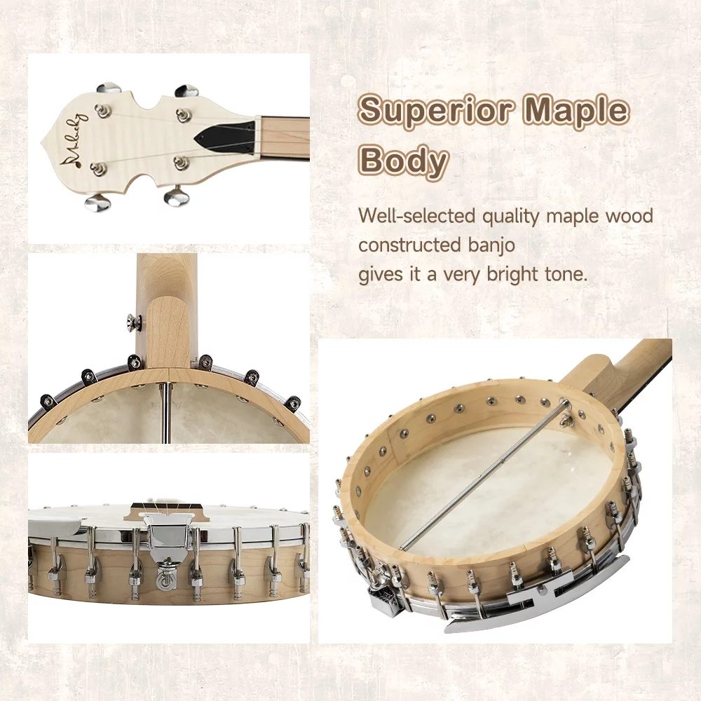 Mulucky 5 String Banjo, Open Back Maple Banjos with Remo Head, Gift Package with Beginner Kit - MB1101