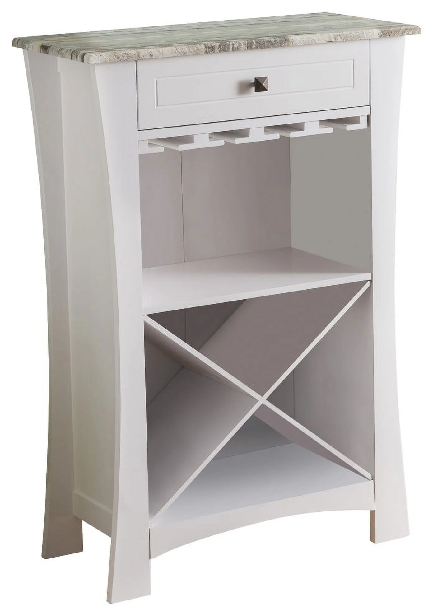Jasper Wine Storage & Bar Cabinet With Glass Holders & Drawer, White & Marble Wood, Transitional