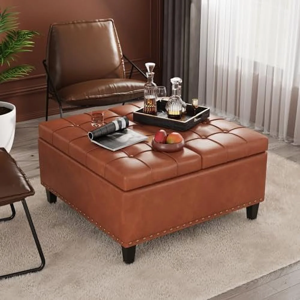 xrboomlife Tufted Square Ottoman Coffee Table with   Leather Upholstered Cube  Ottoman  Oversized Footrest Stool Toy Box  for Livingroom Bedroom  White