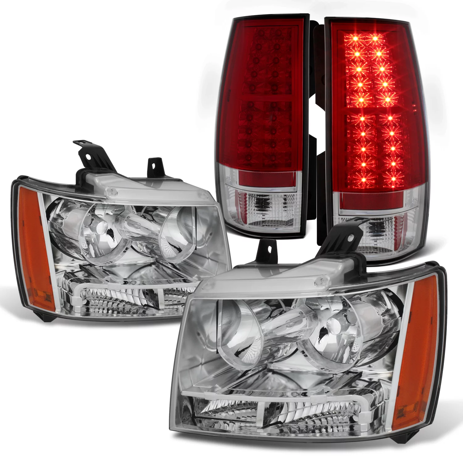 AKKON - For 07-14 Chevy Suburban Tahoe Chrome Clear OE Headlights + Red LED Rear Tail Lamp Replacement